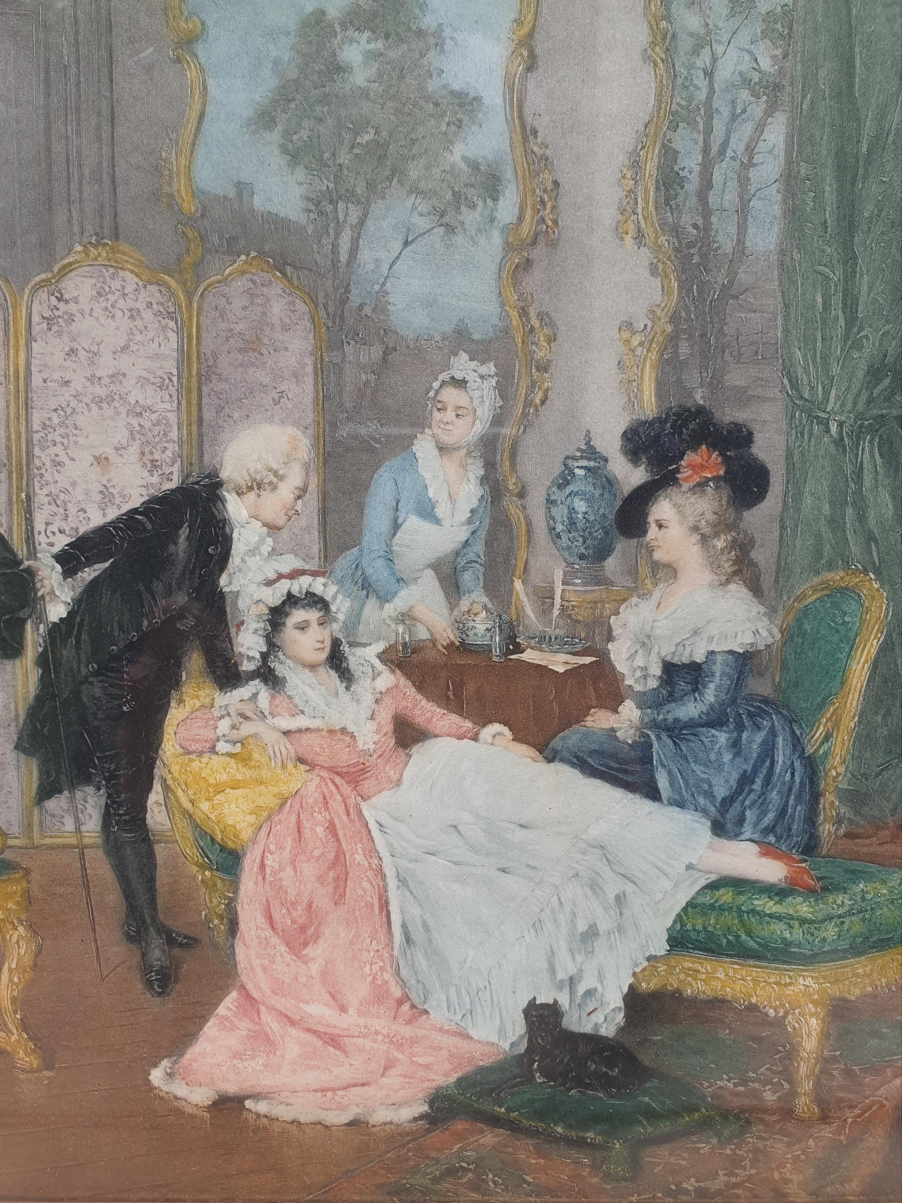 Lithographie SPIRIDON Interieur 18. Jahrhundert elegante Szene Gespräch Französisch 19. Jahrhundert  im Angebot 1