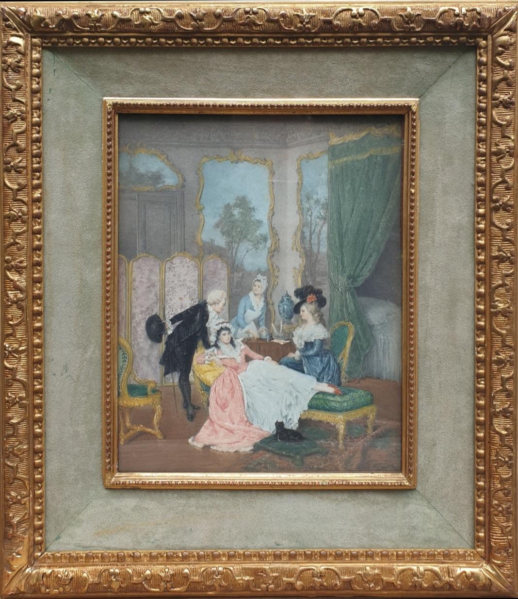 Ignace SPIRIDON Interior Print – Lithographie SPIRIDON Interieur 18. Jahrhundert elegante Szene Gespräch Französisch 19. Jahrhundert 