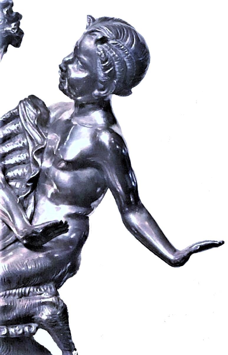 Early 20th Century Ignacio Gallo, Dancing with Satyr, Spanish Art Deco Silvered Bronze, circa 1920s For Sale