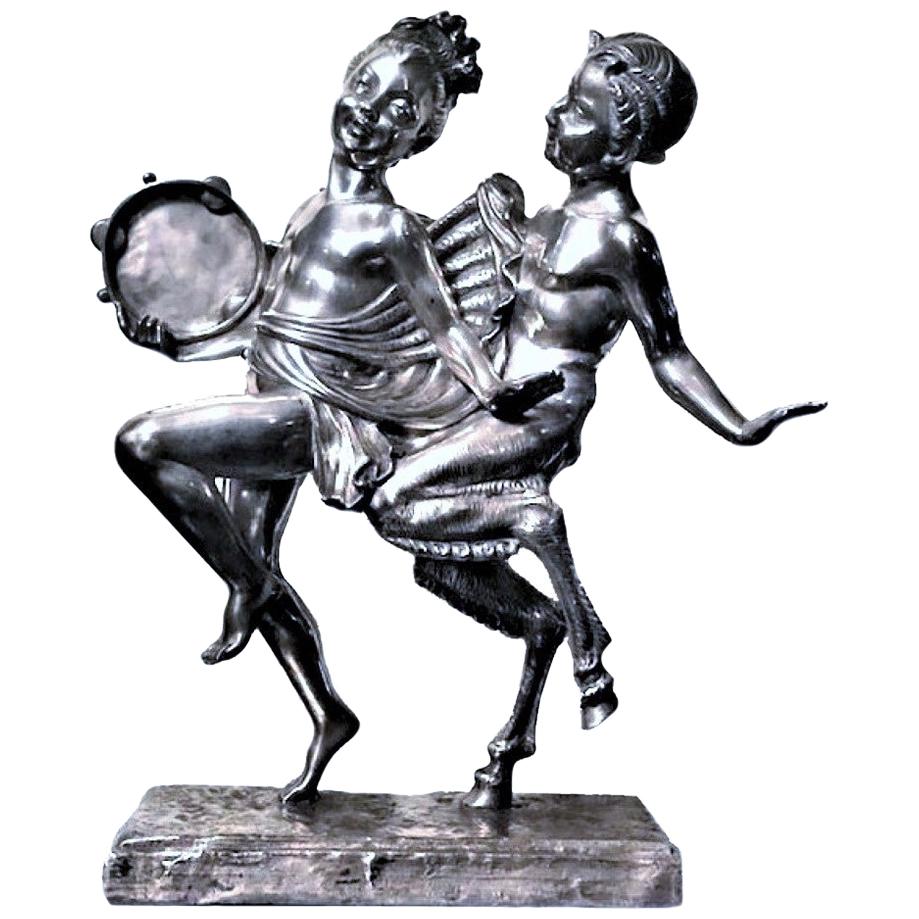 Ignacio Gallo, Dancing with Satyr, Spanish Art Deco Silvered Bronze, circa 1920s