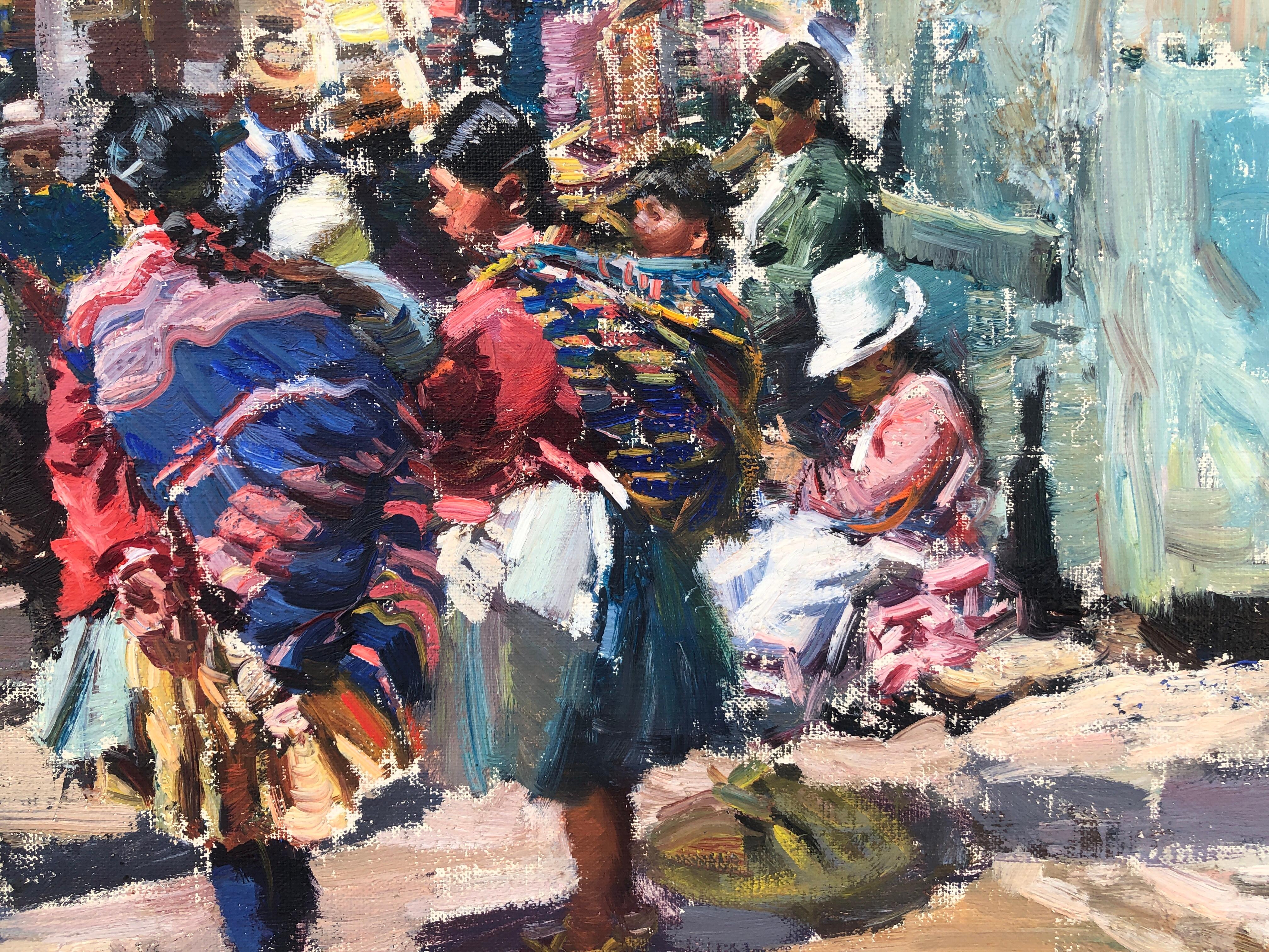 Mercado andino Perú óleo sobre lienzo - Landscape Painting Gris de Ignacio Gil Sala