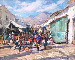 Andean market Peru oil on canvas painting