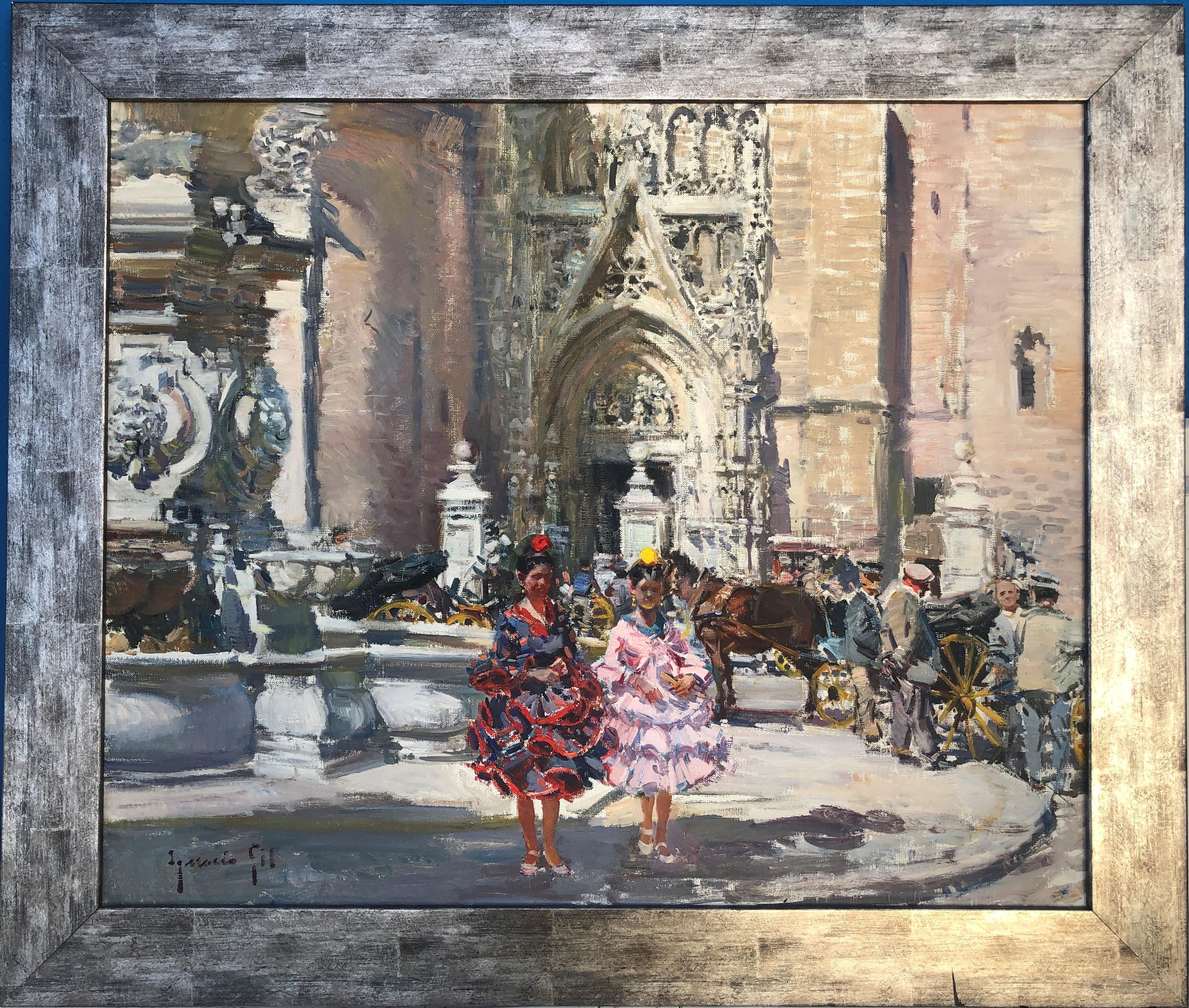 Cathedral of Sevilla Spain oil on canvas painting landscape - Painting by Ignacio Gil Sala