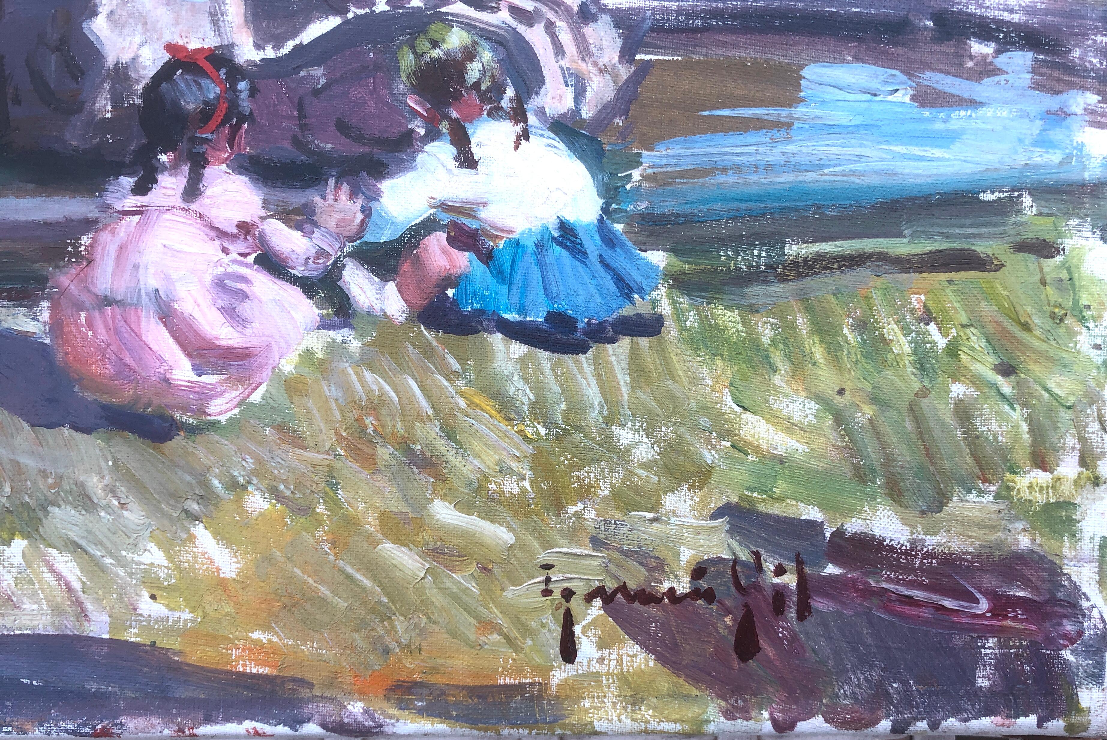 Les enfants jouant dans le parc de Barcelone, Espagne, peinture à l'huile sur toile - Painting de Ignacio Gil Sala
