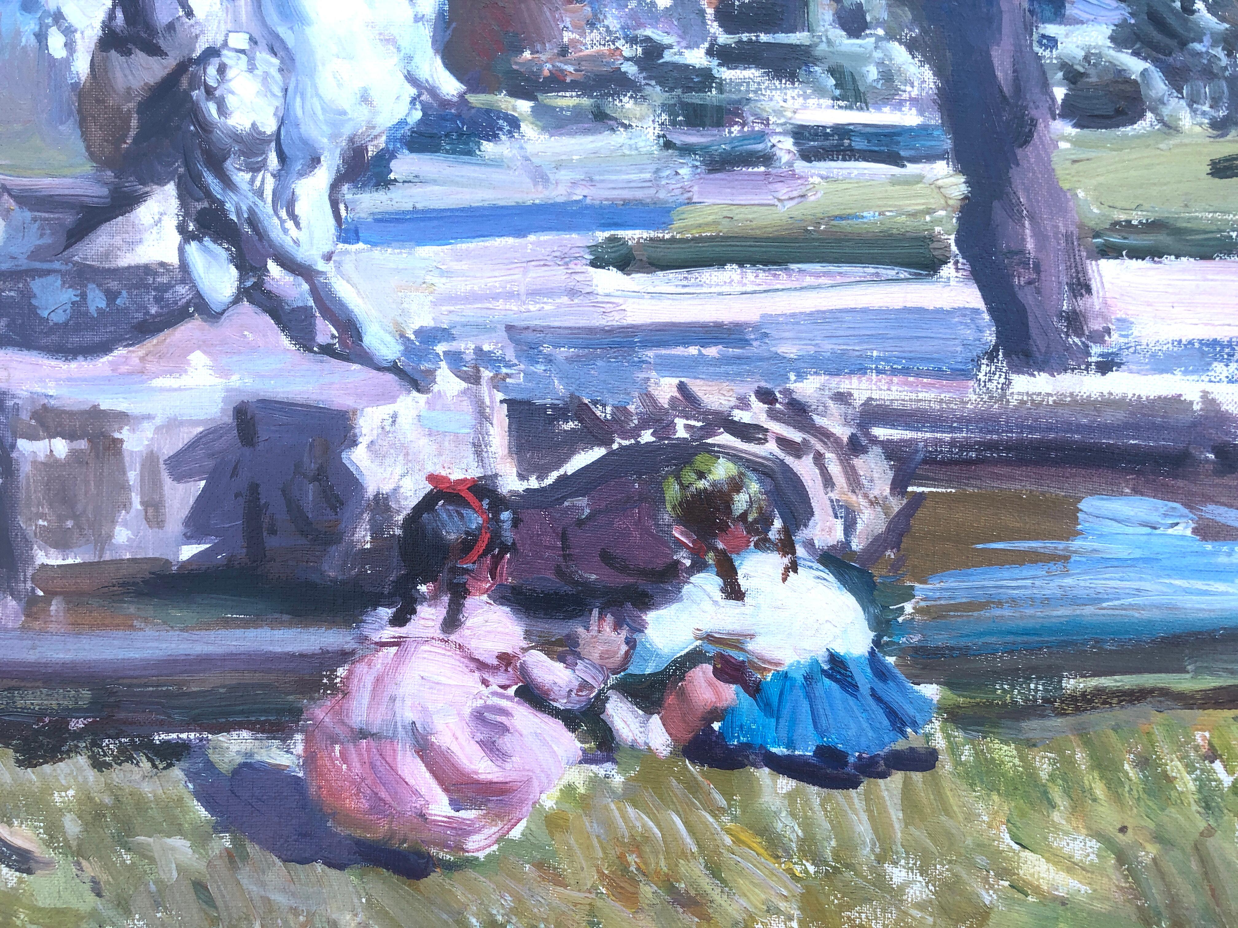 Children playing in the park Barcelona Spain oil on canvas painting - Post-Impressionist Painting by Ignacio Gil Sala
