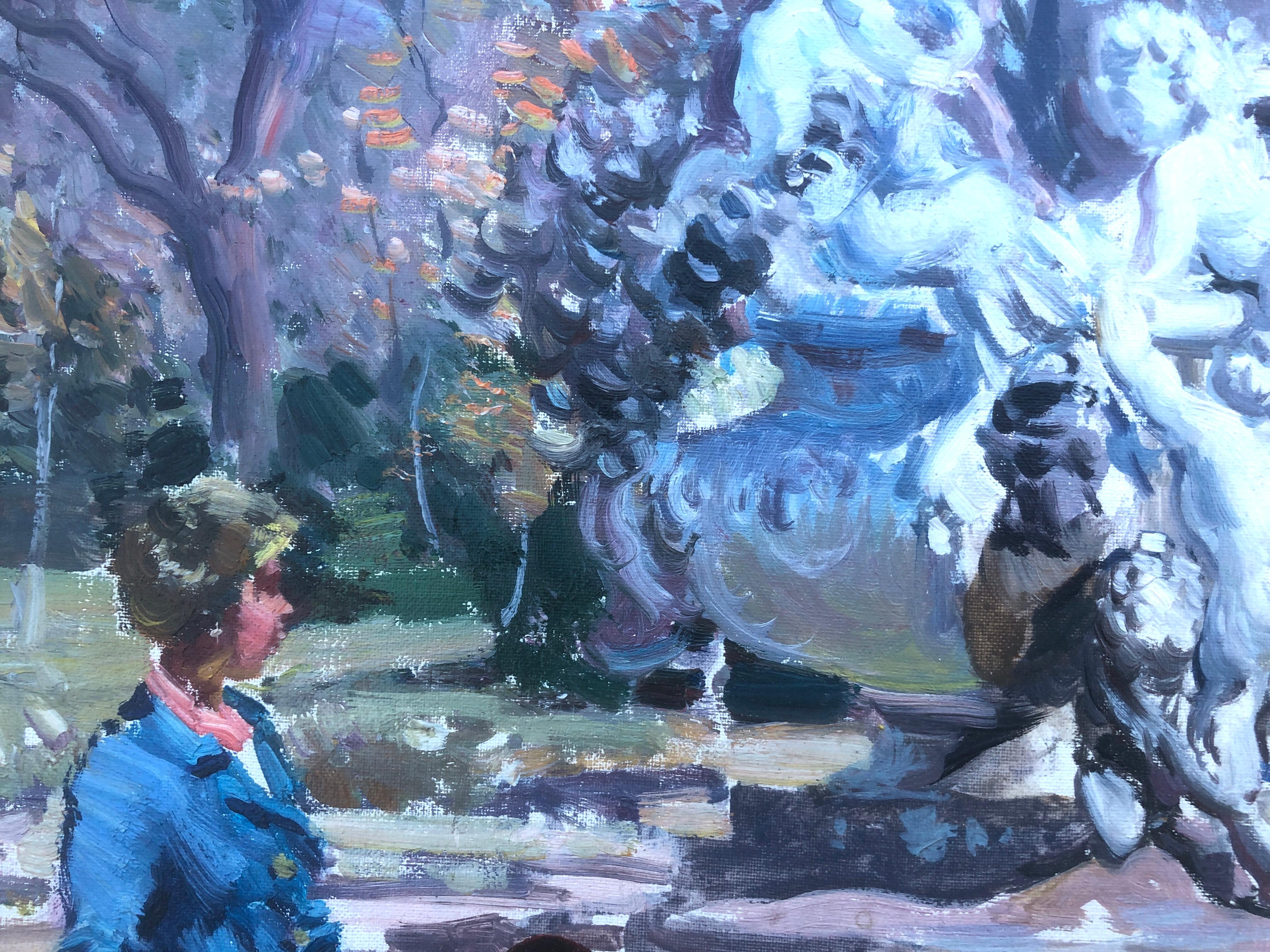 Children playing in the park Barcelona Spain oil on canvas painting For Sale 1