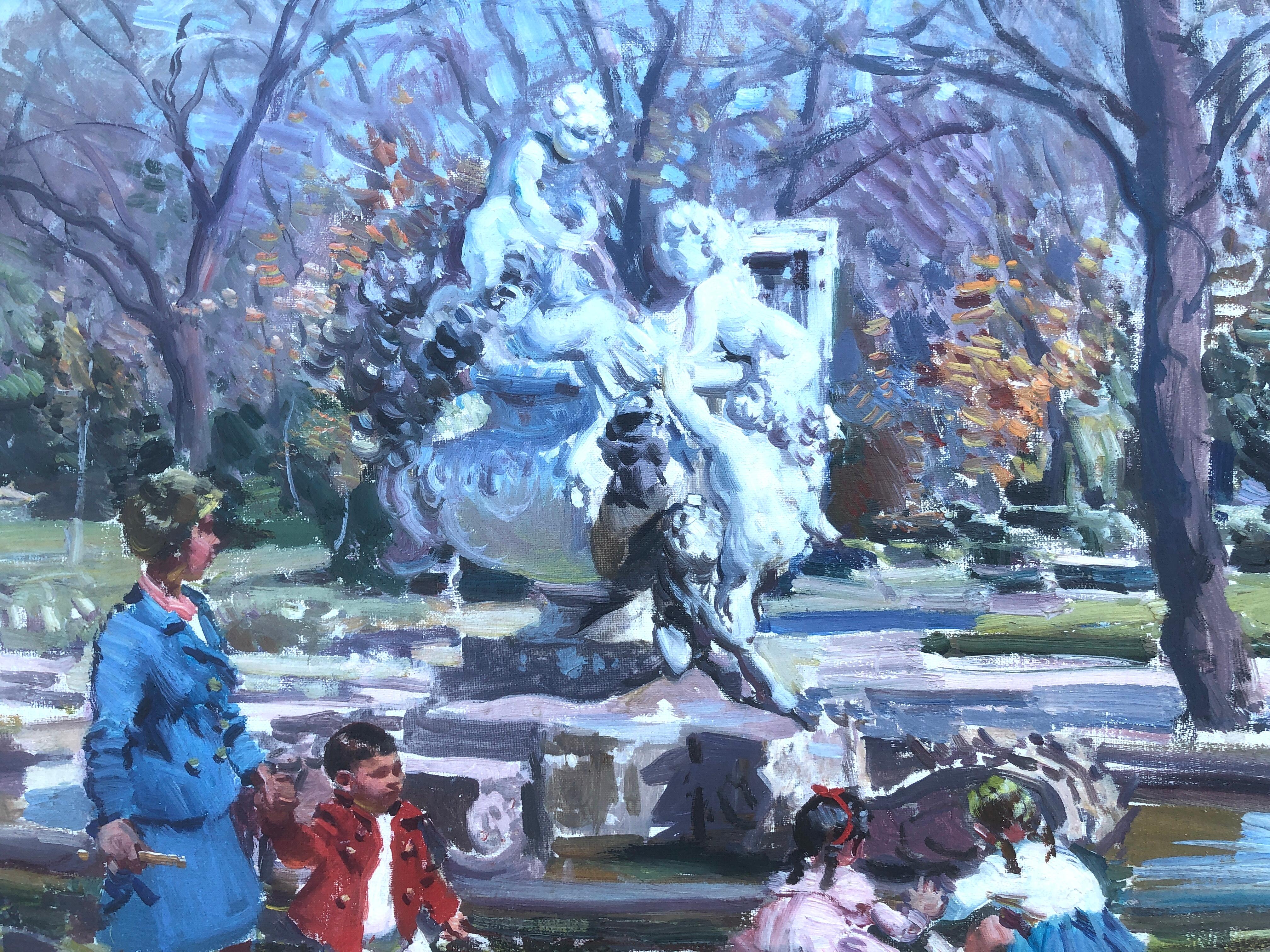 Children playing in the park Barcelona Spain oil on canvas painting For Sale 3