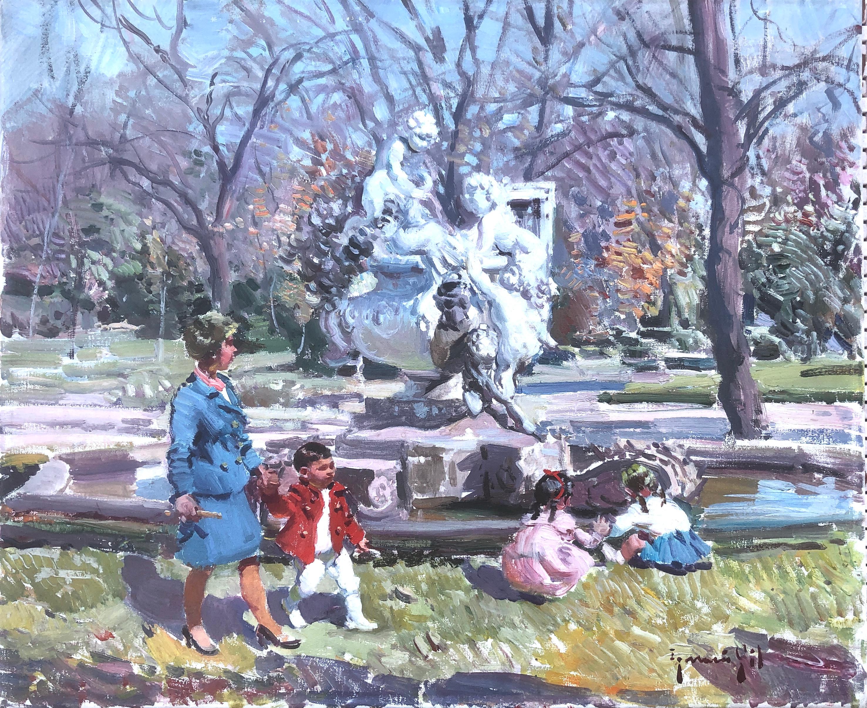 Landscape Painting Ignacio Gil Sala - Les enfants jouant dans le parc de Barcelone, Espagne, peinture à l'huile sur toile