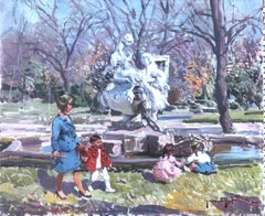 Vintage Children playing in the park Barcelona Spain oil on canvas painting