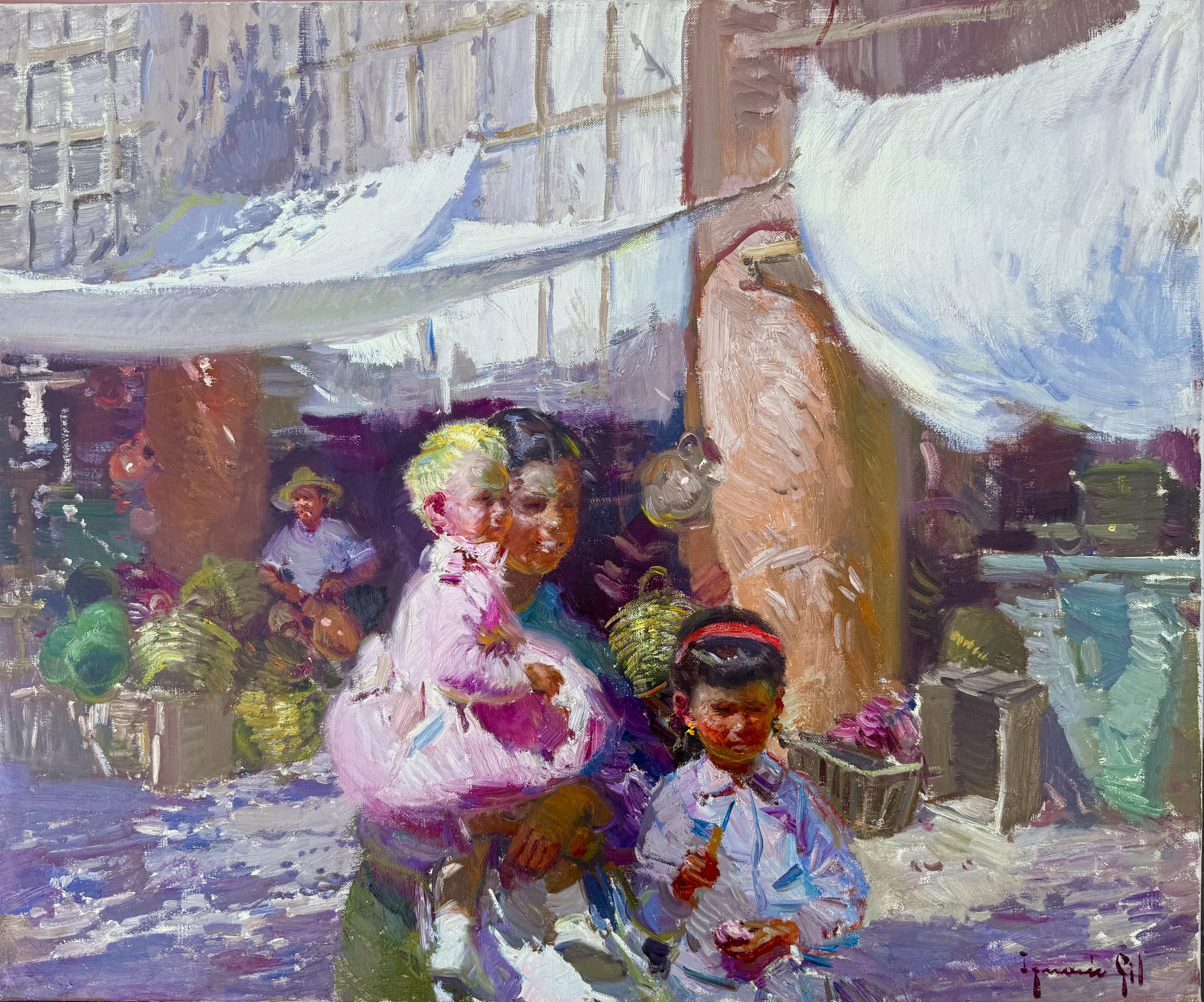 Figurative Painting de Ignacio Gil Sala - Ibiza Niños en Pueblo Blanco Pintura al Óleo Figurativa Mediterránea España
