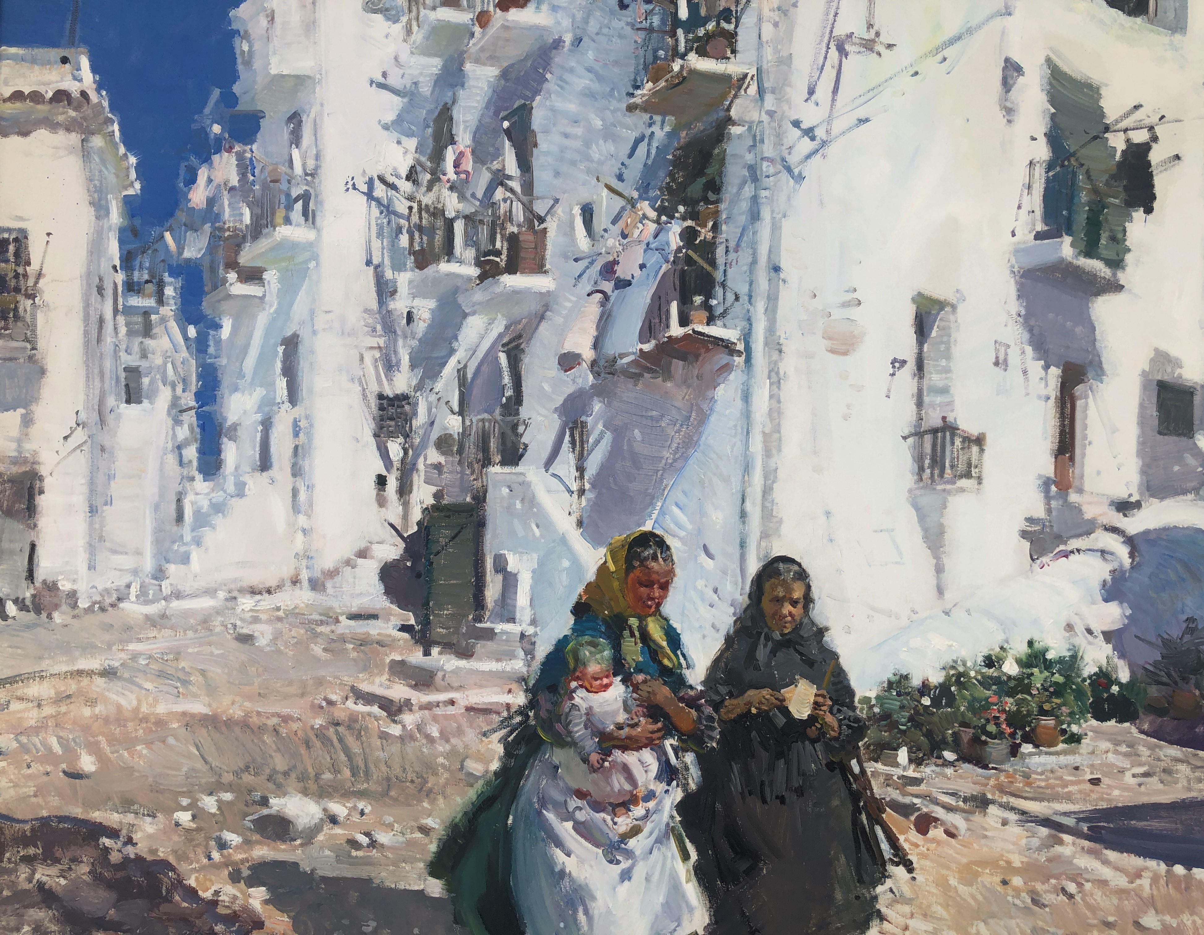 Maternity und weiße Häuser Ibiza, Spanien, Öl auf Leinwand, Gemälde im Angebot 6