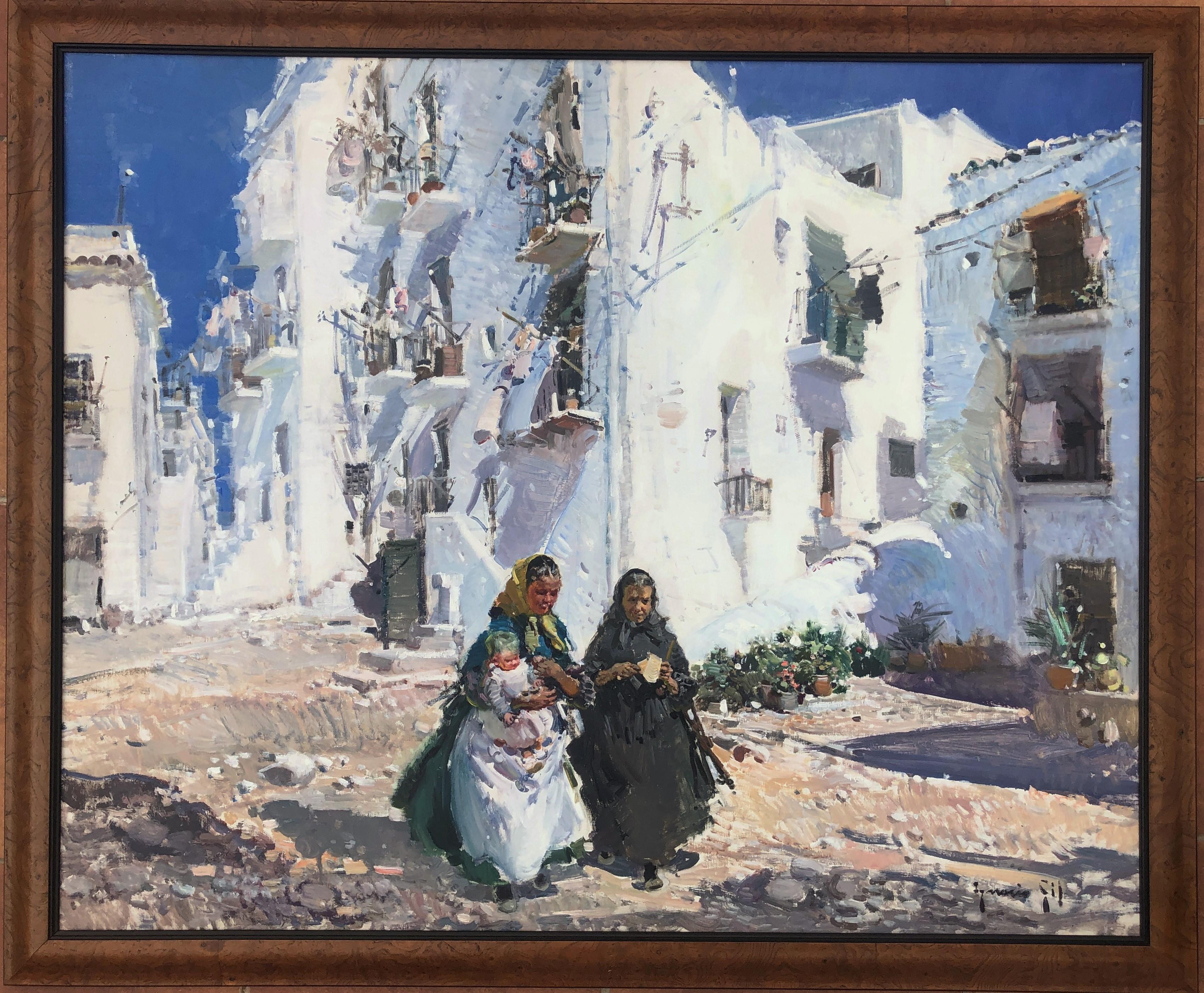 Maternity und weiße Häuser Ibiza, Spanien, Öl auf Leinwand, Gemälde – Painting von Ignacio Gil Sala