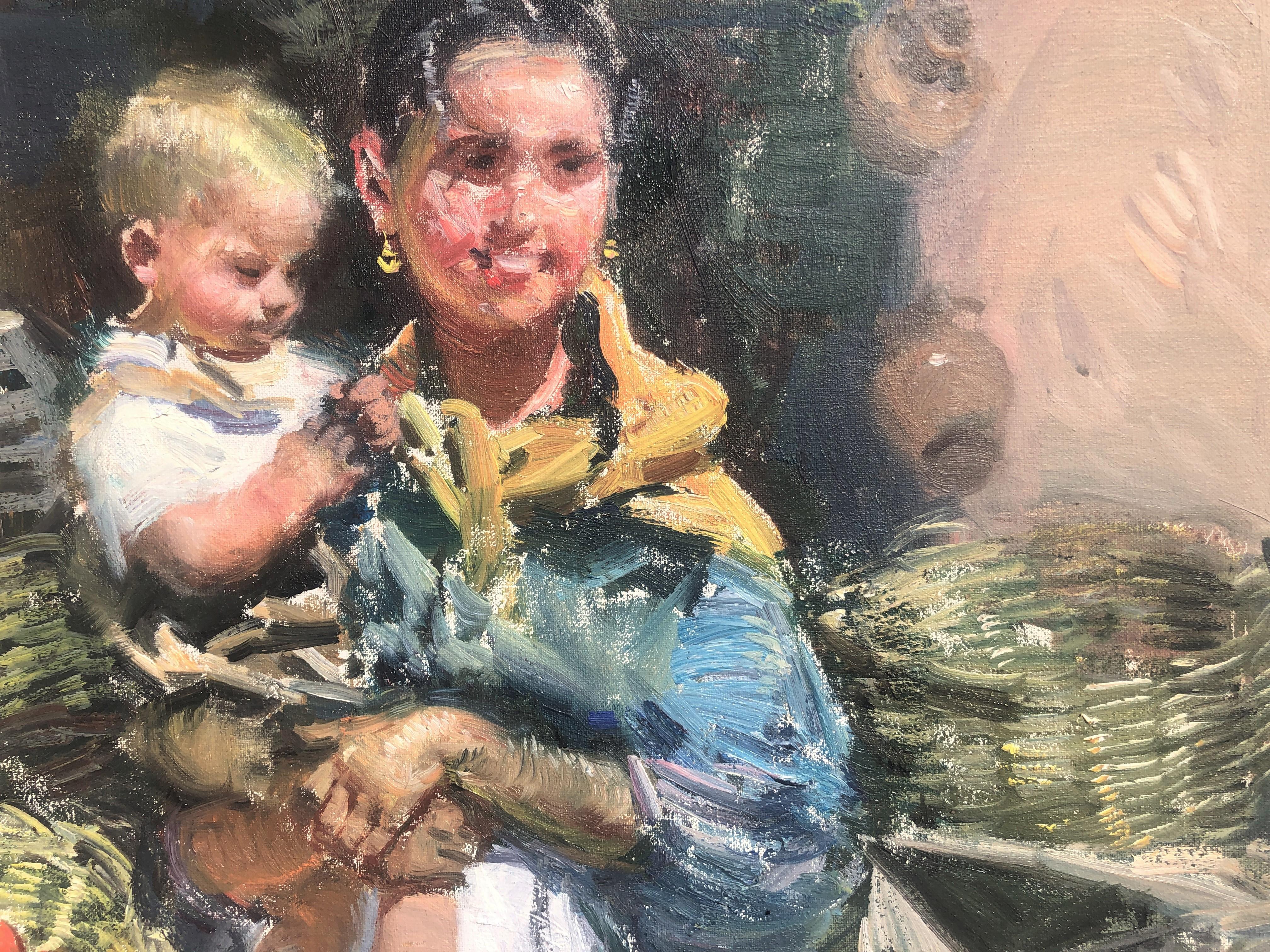 Maternity in Ibiza market Spain - Peinture à l'huile sur toile - Post-impressionnisme Painting par Ignacio Gil Sala