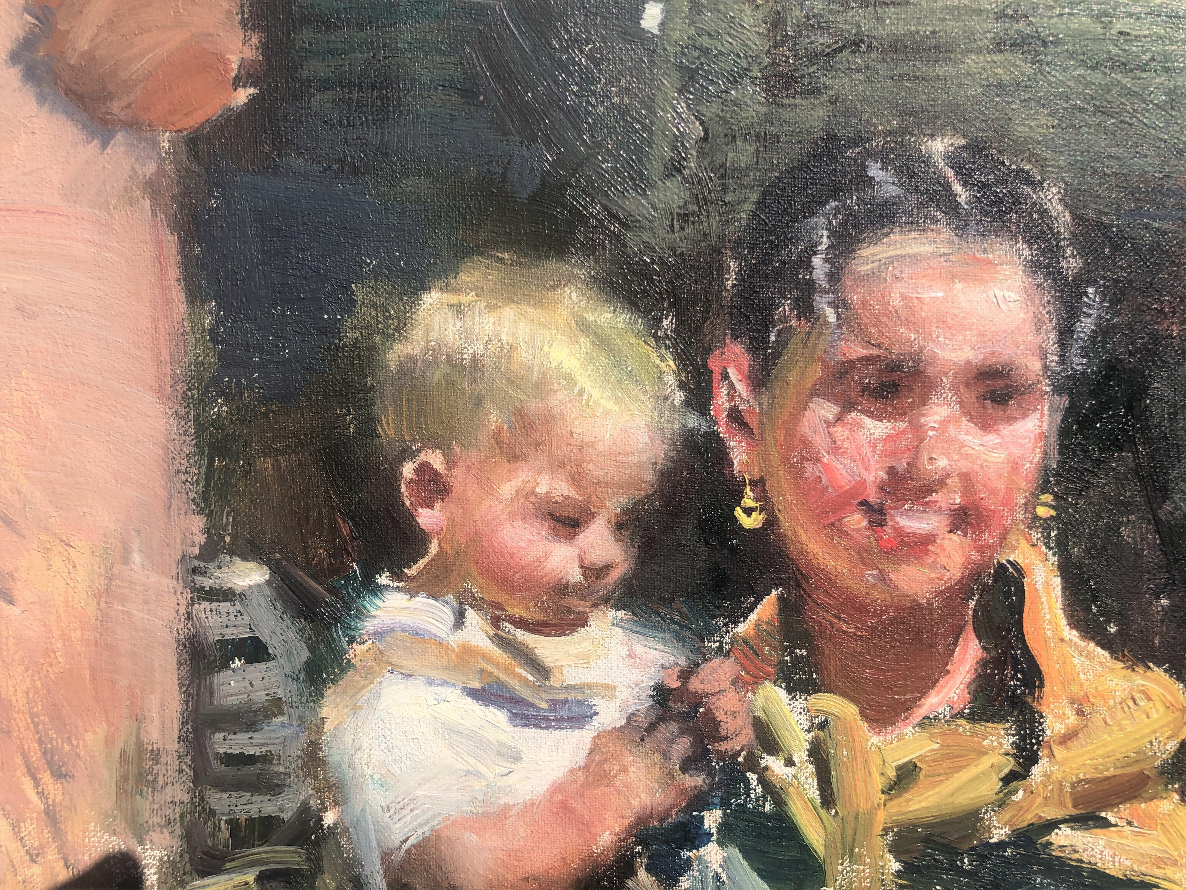 Maternity in Ibiza market Spain - Peinture à l'huile sur toile - Gris Portrait Painting par Ignacio Gil Sala