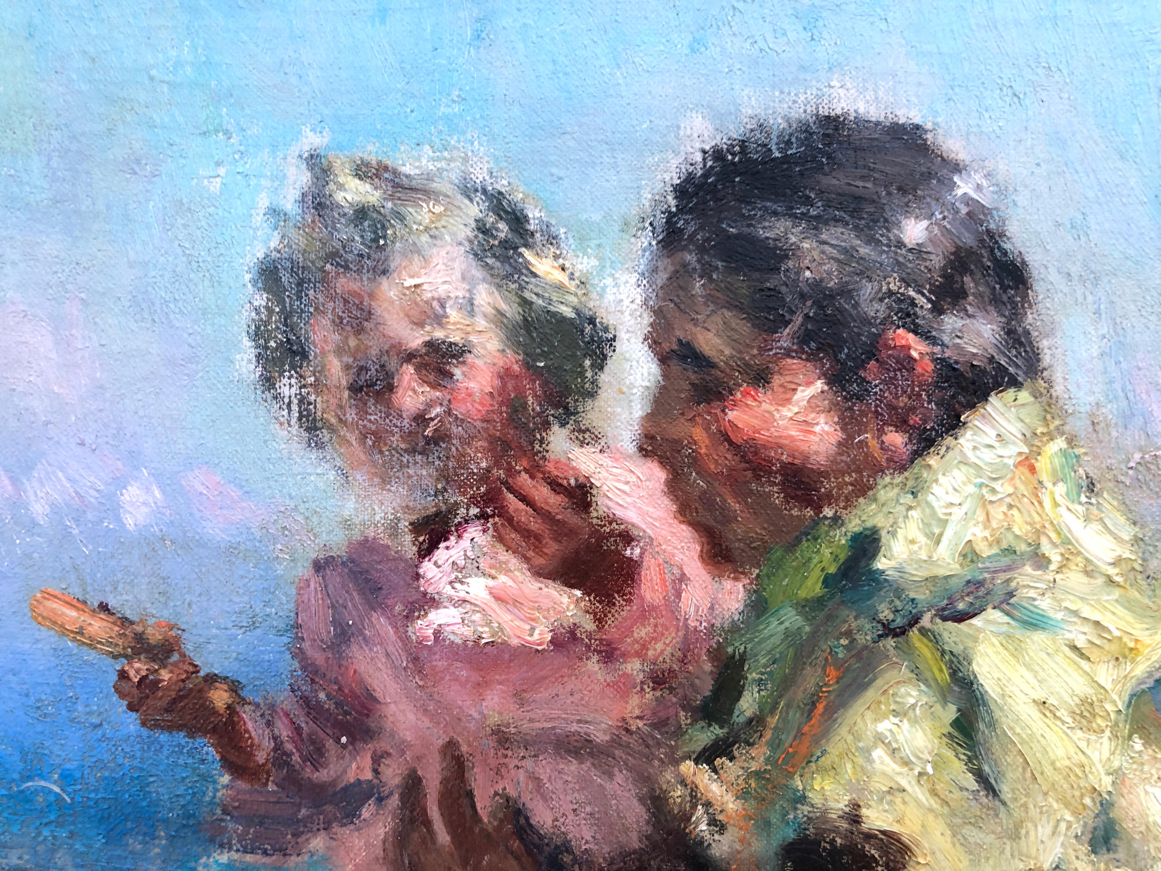 Maternità a Ibiza Spagna olio su tela dipinto paesaggio marino spagnolo - Figurative Painting Grigio di Ignacio Gil Sala