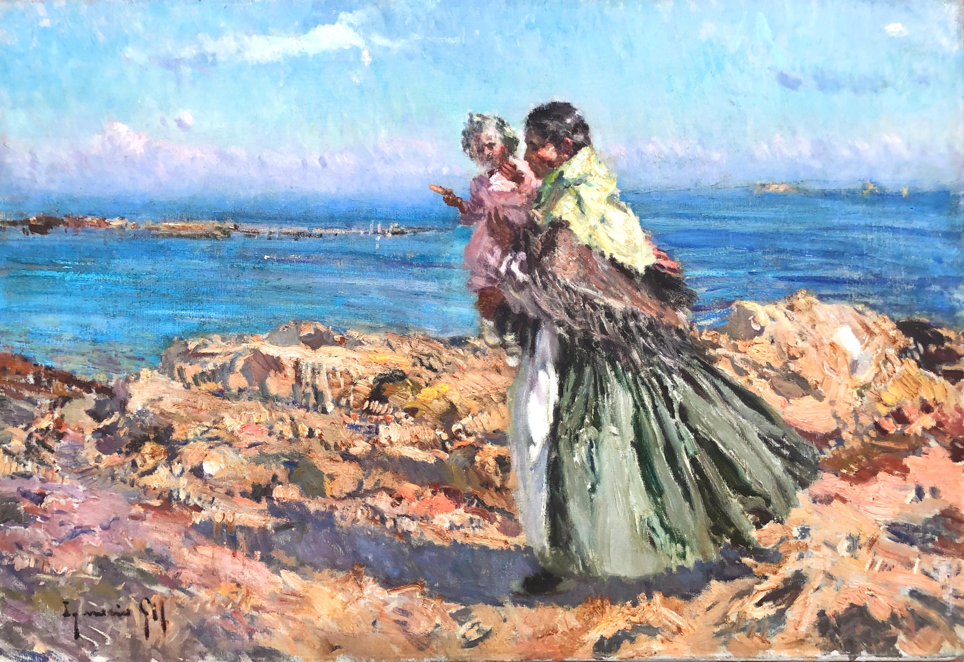 Maternity in Ibiza Spain oil on canvas painting spanish seascape