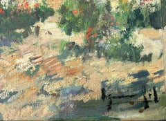 Peinture à l'huile du village méditerranéen blanc avec mère, enfant, âne et poules