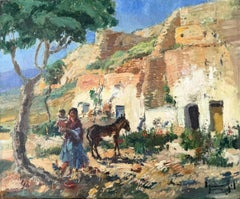 Peinture à l'huile du village méditerranéen blanc avec mère, enfant, âne et poules