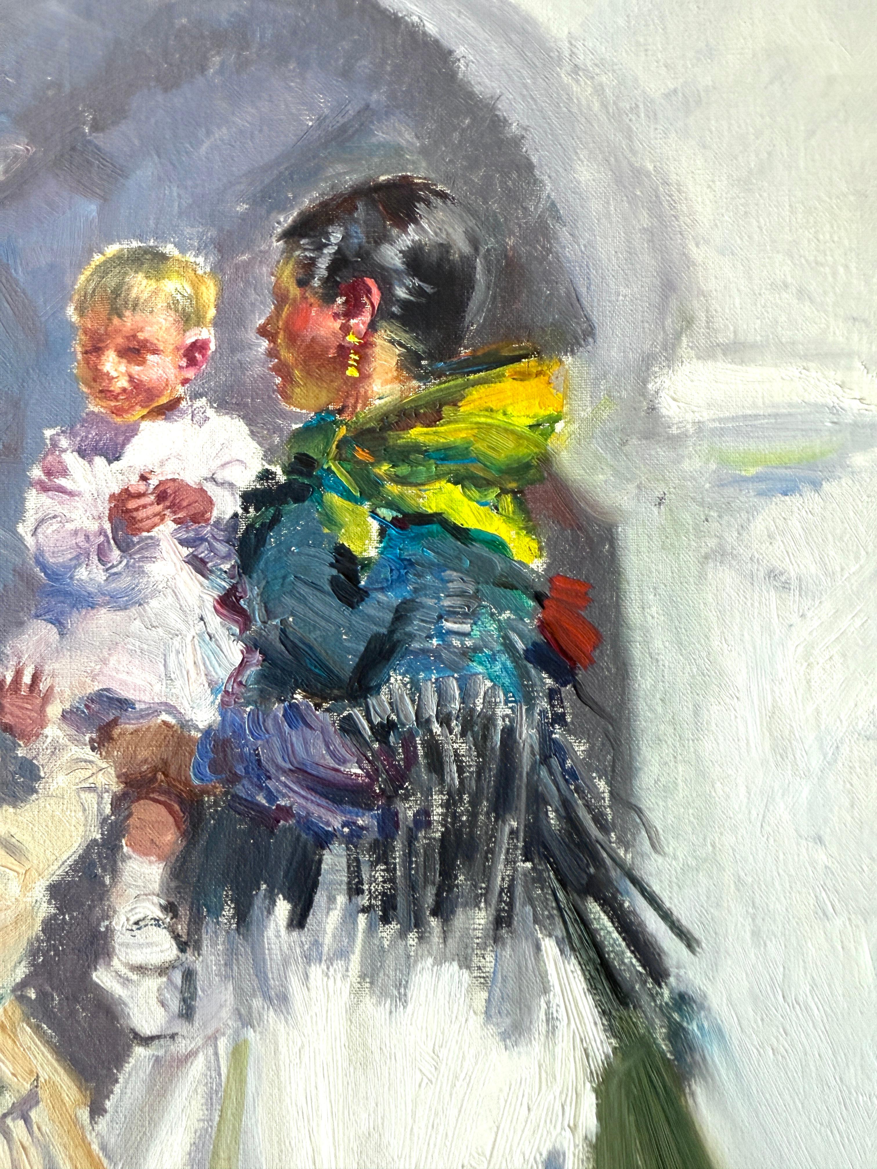 Mutter und Kinder Ibiza Spanien Öl auf Leinwand Gemälde (Post-Impressionismus), Painting, von Ignacio Gil Sala