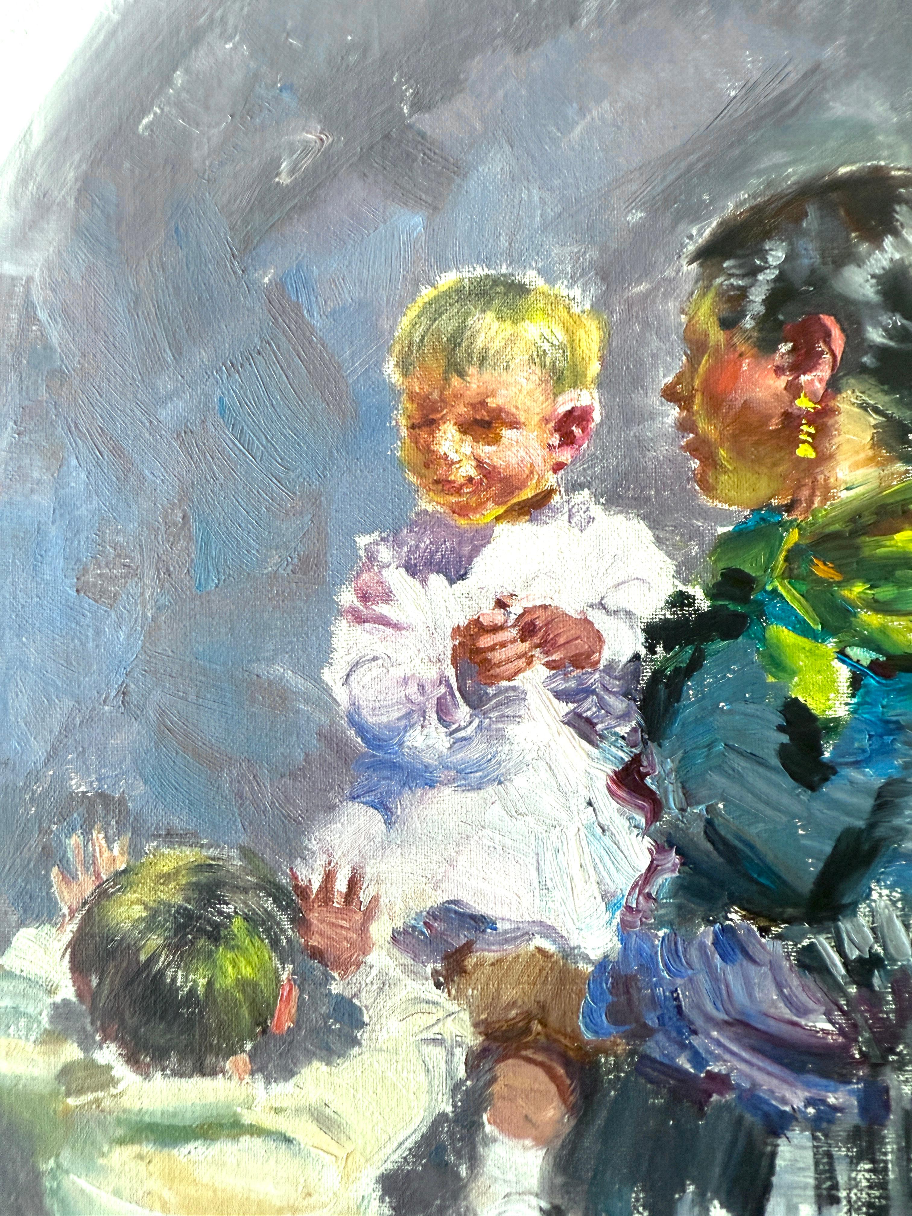 Mutter und Kinder Ibiza Spanien Öl auf Leinwand Gemälde (Grau), Portrait Painting, von Ignacio Gil Sala