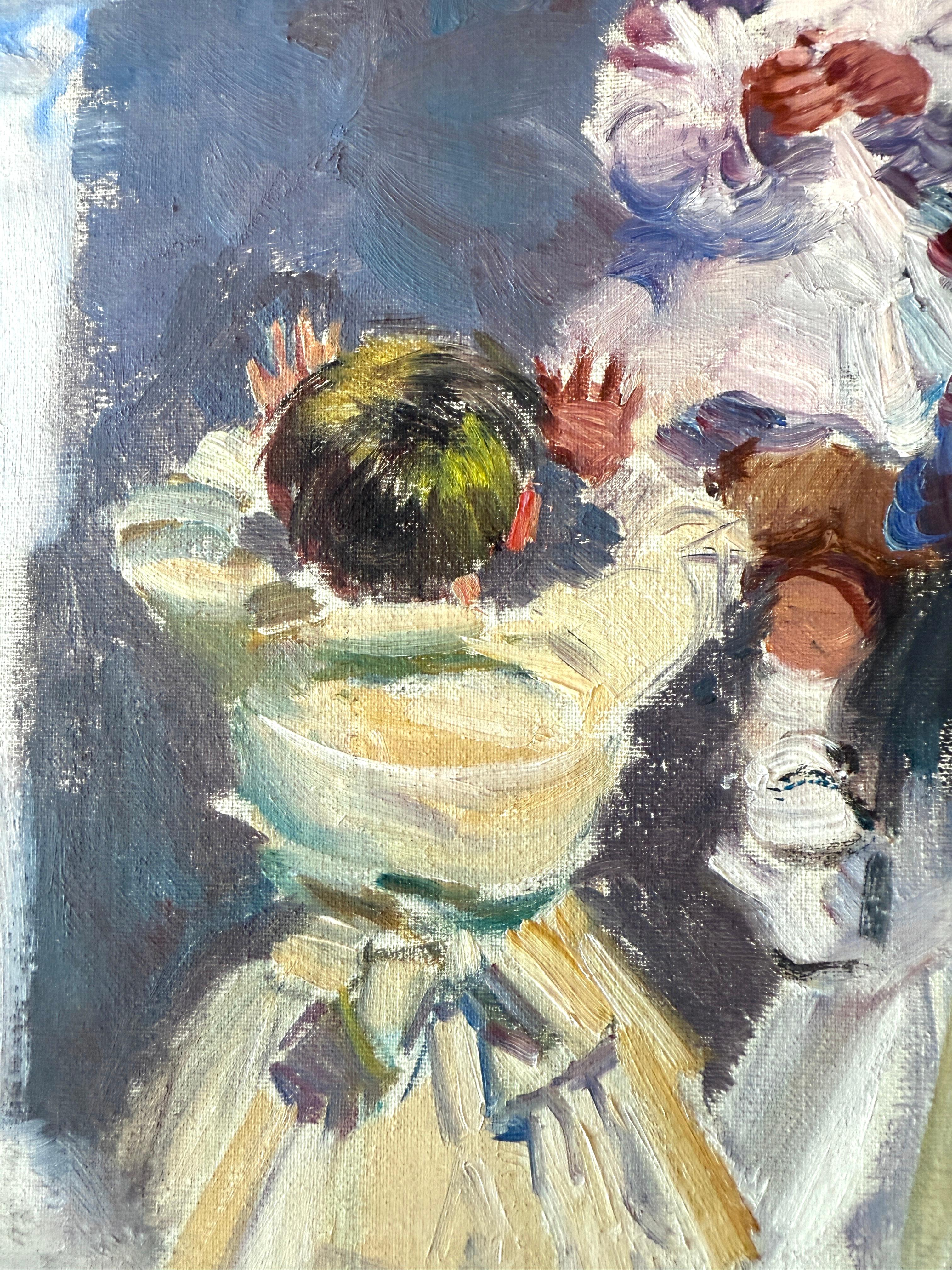 Titel: Genreszene mit Mutter und Kindern
Künstler: Ignacio Gil Sala (Barcelona, 1913 - 2003)
Technik: Öl auf Leinwand
Abmessungen: 46 × 38 cm (18,1 × 15 Zoll)
Unterschrift: Signiert unten rechts: Ignacio Gil
Rahmen: Ungerahmt
Zustand: Ausgezeichnet.