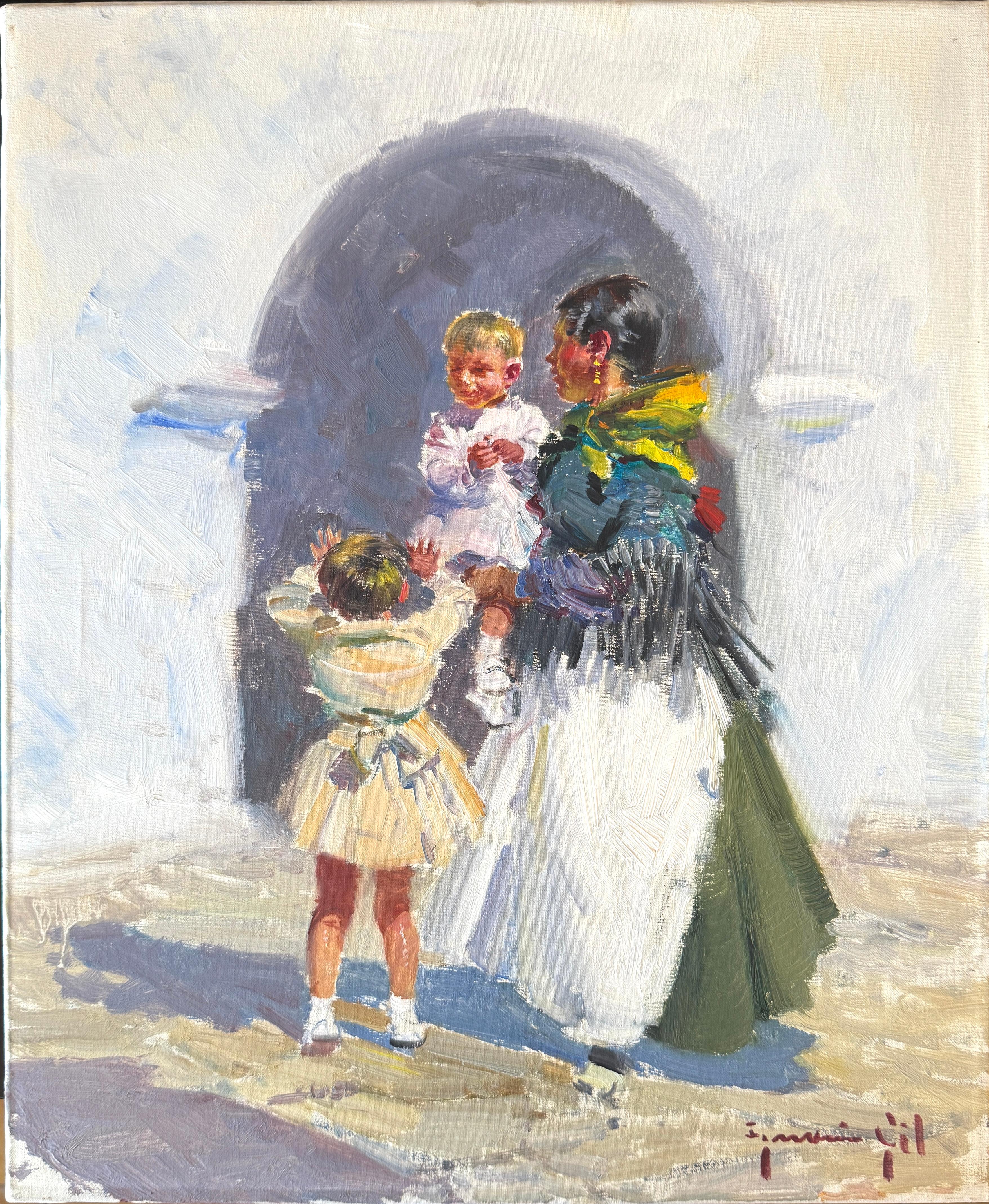 Ignacio Gil Sala Portrait Painting – Mutter und Kinder Ibiza Spanien Öl auf Leinwand Gemälde