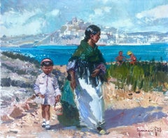 Vintage people from ibiza Spain oil on canvas painting spanish seascape