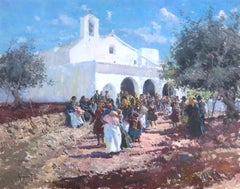 Vintage people from ibiza Spain oil on canvas painting spanish urbanscape