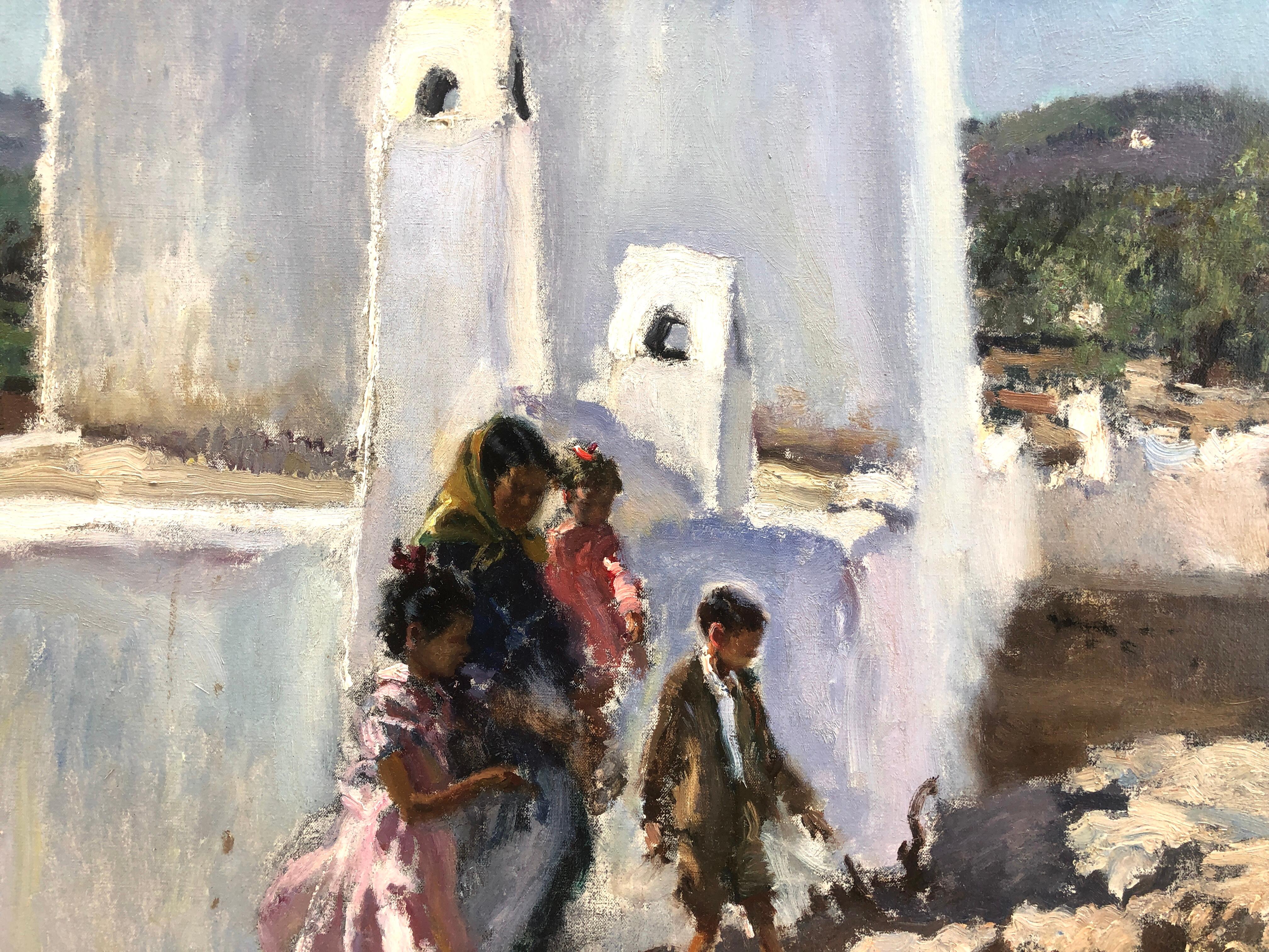 people of ibiza Spain oil on canvas painting - Gray Landscape Painting by Ignacio Gil Sala