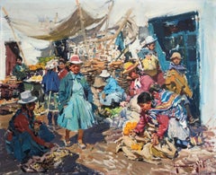 Peru indigenous market oil on canvas painting