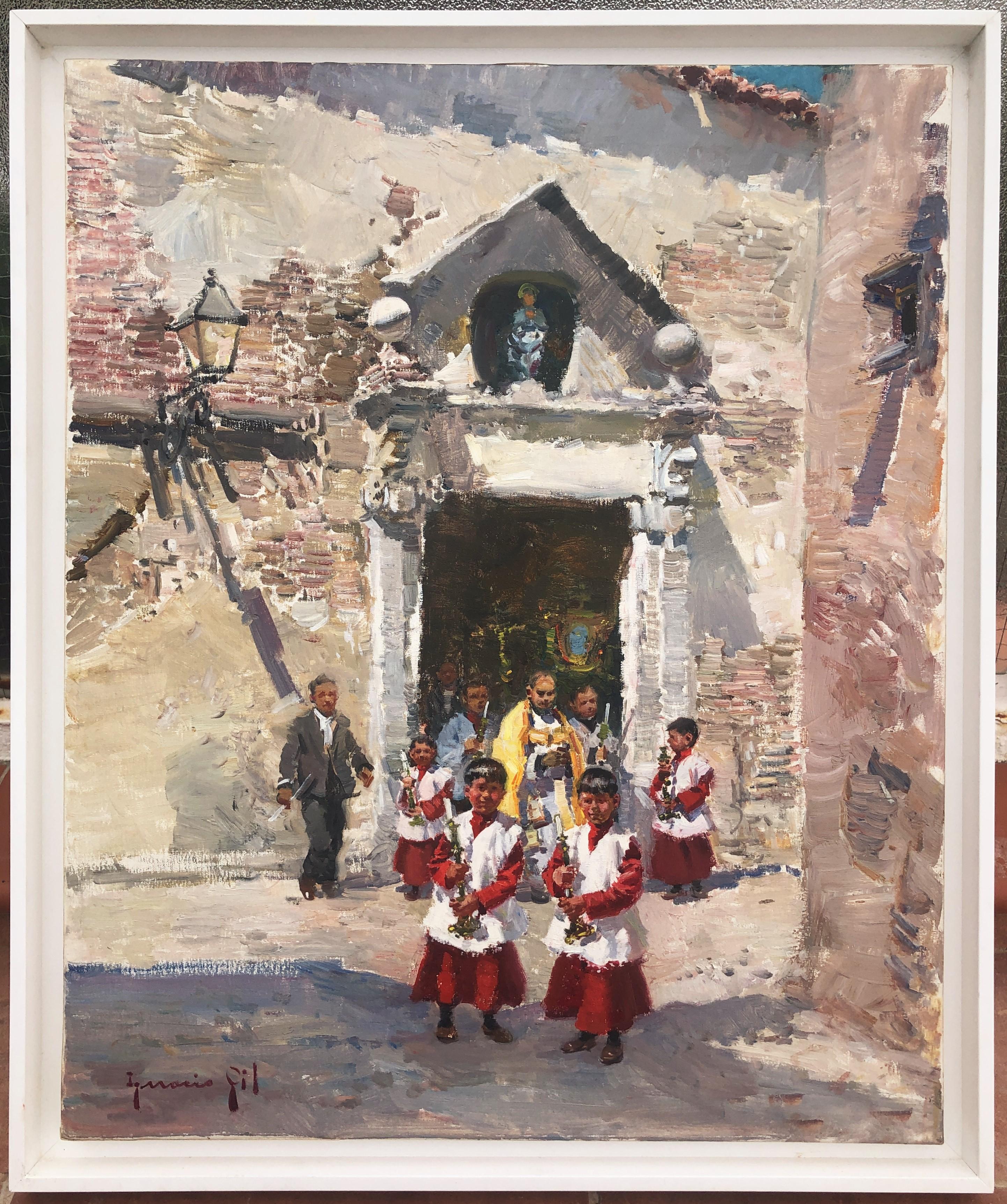 Procession in Ibiza Spain original oil on canvas painting - Painting by Ignacio Gil Sala