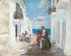 Street in Ibiza with Children Spanish seascape oil on canvas painting