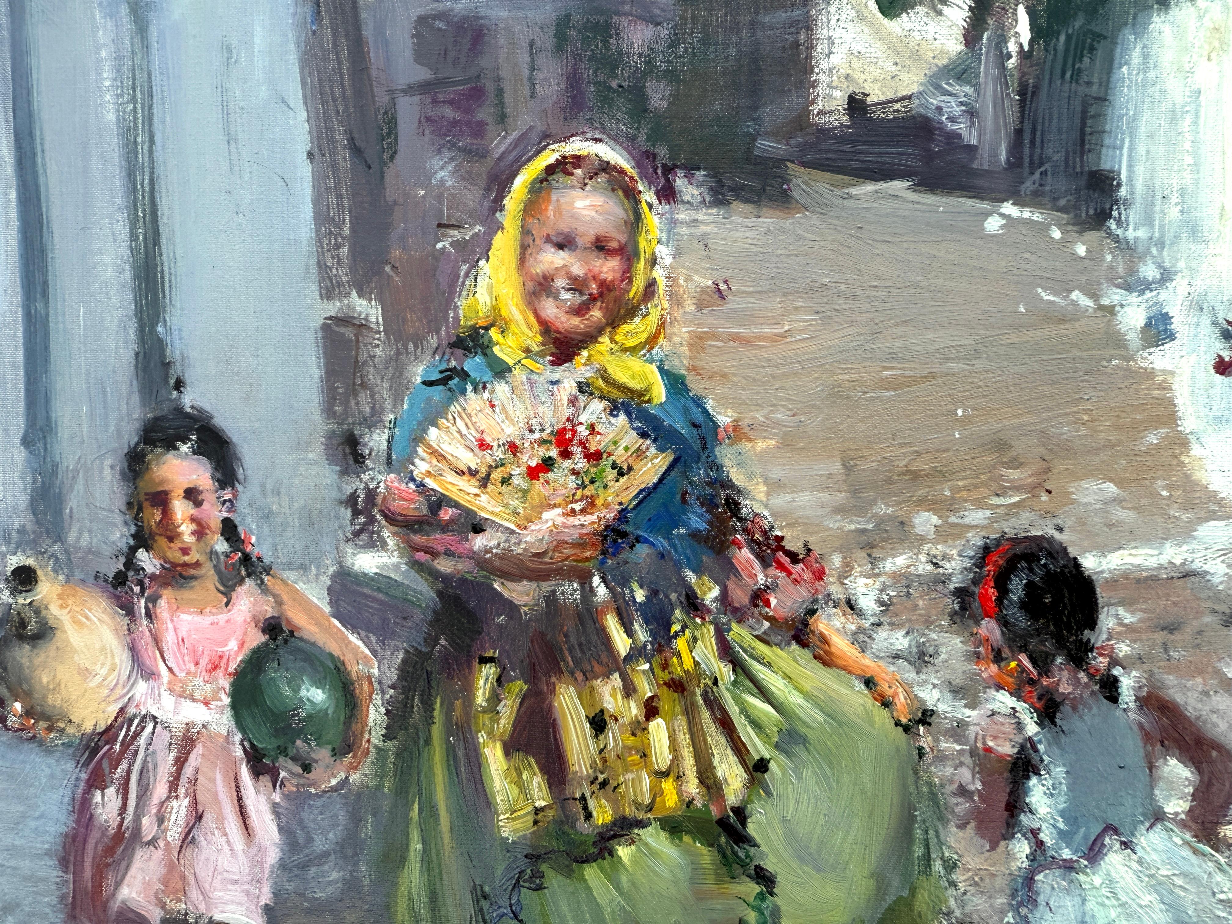 Calle en Ibiza con Figuras óleo sobre lienzo pintura mediterránea española - Landscape Painting Gris de Ignacio Gil Sala