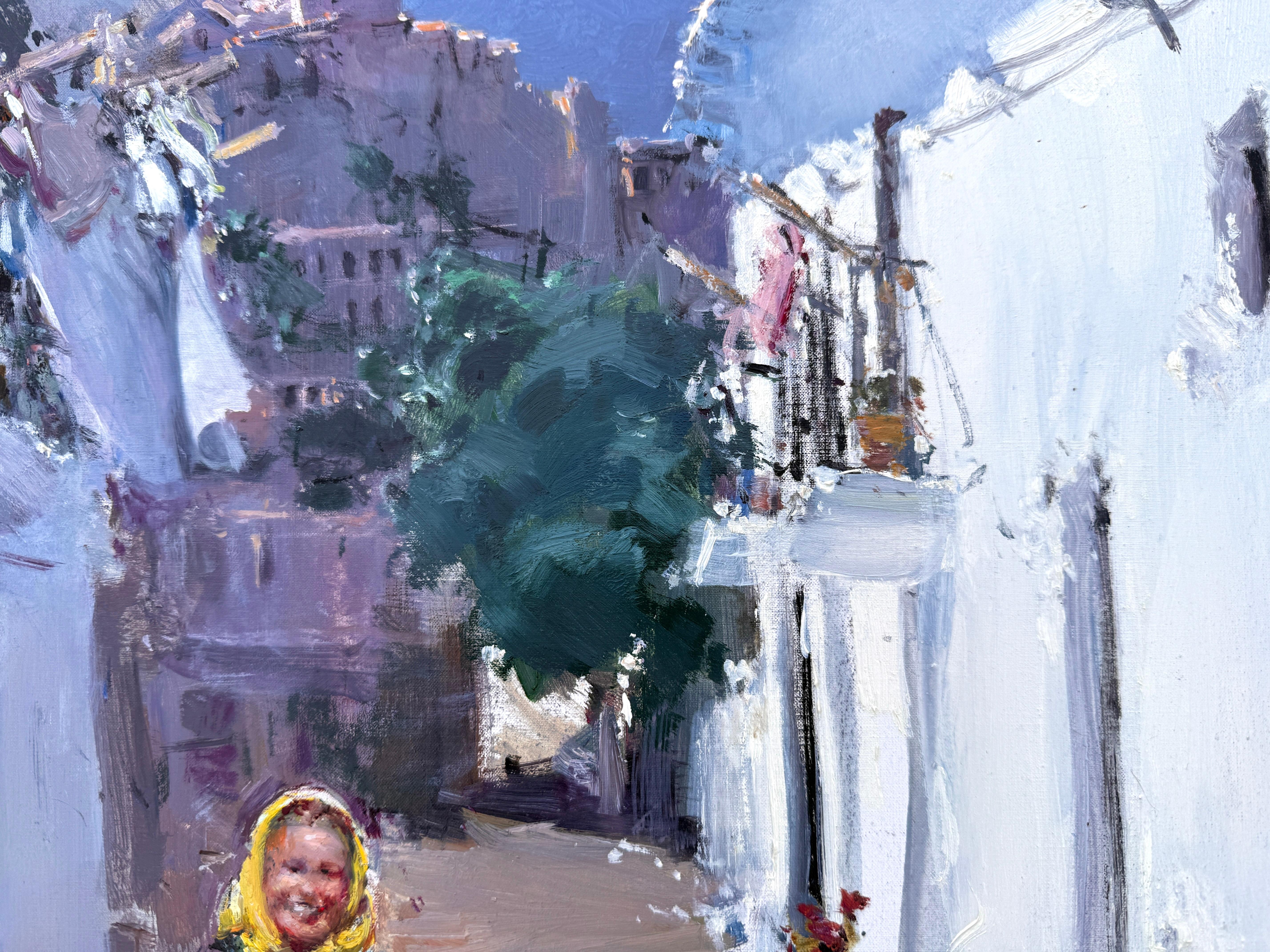 Calle en Ibiza con Figuras óleo sobre lienzo pintura mediterránea española en venta 1