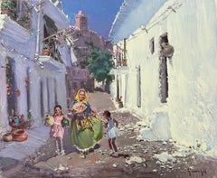 Street in Ibiza with Figures oil on canvas painting spanish mediterranean