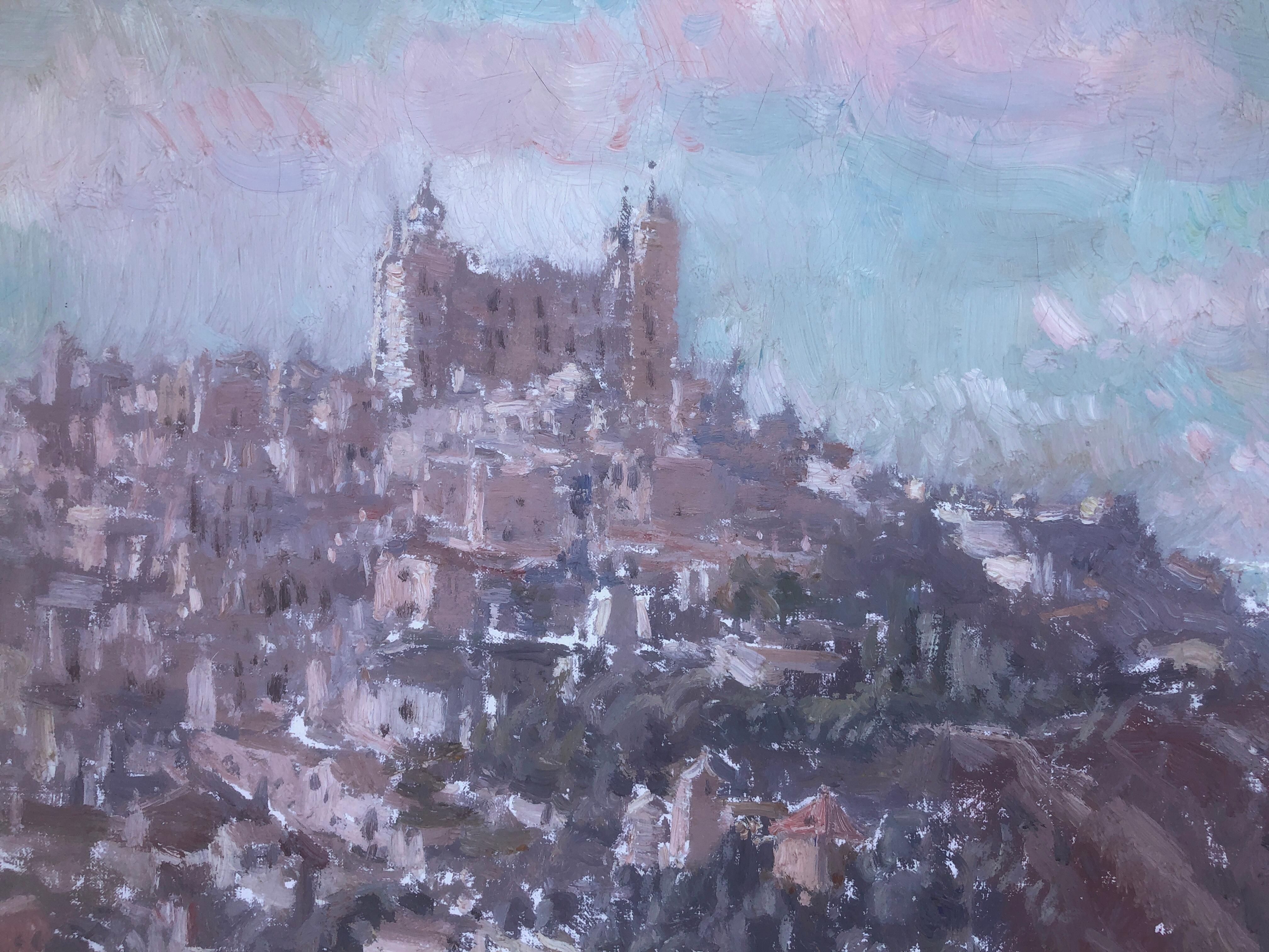 Toledo España óleo sobre lienzo pintura paisaje español - Figurative Painting Gris de Ignacio Gil Sala