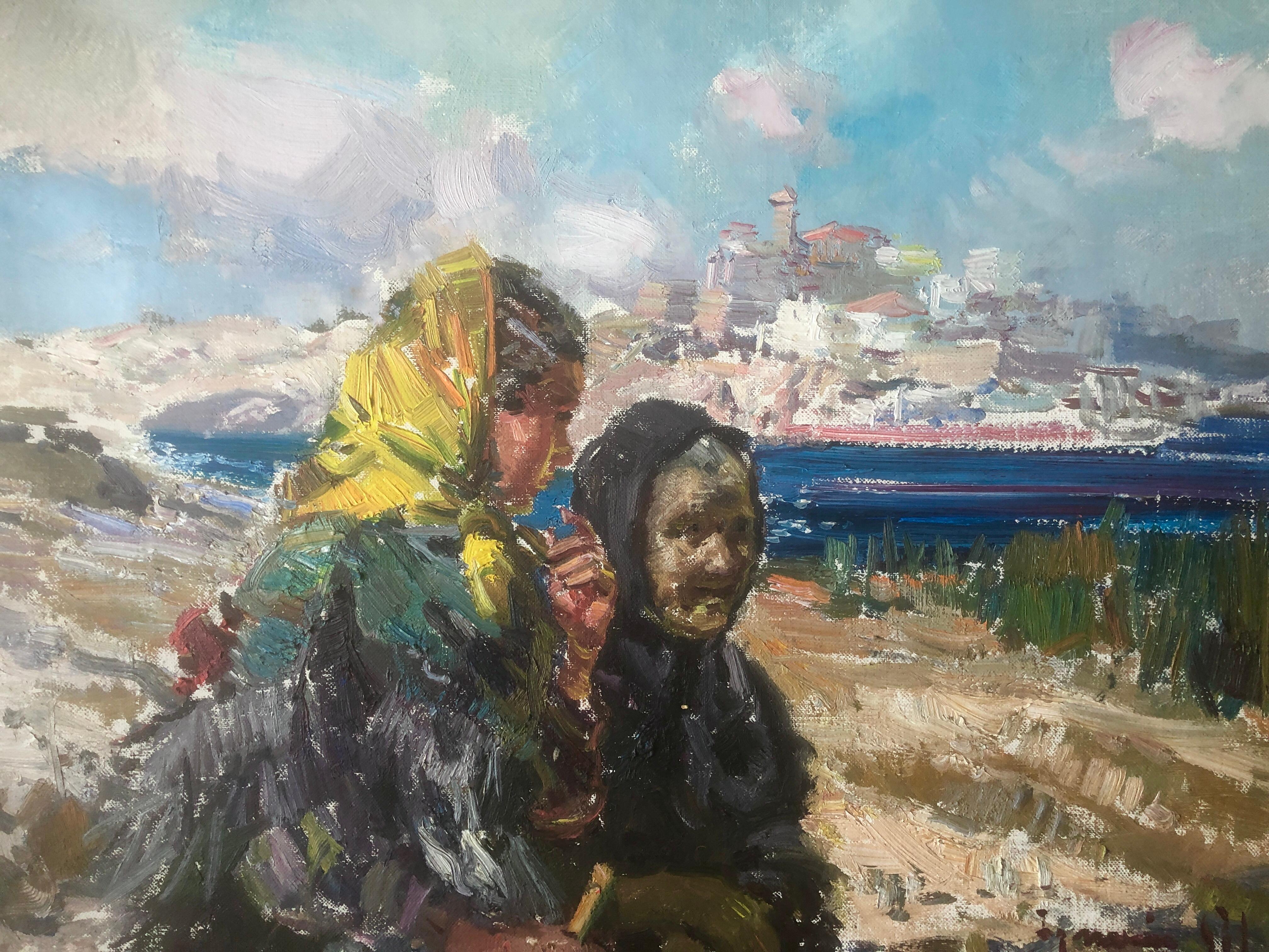 Women from ibiza Spain oil on canvas painting spanish seascape mediterranean For Sale 2