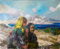Vintage Women from ibiza Spain oil on canvas painting spanish seascape mediterranean