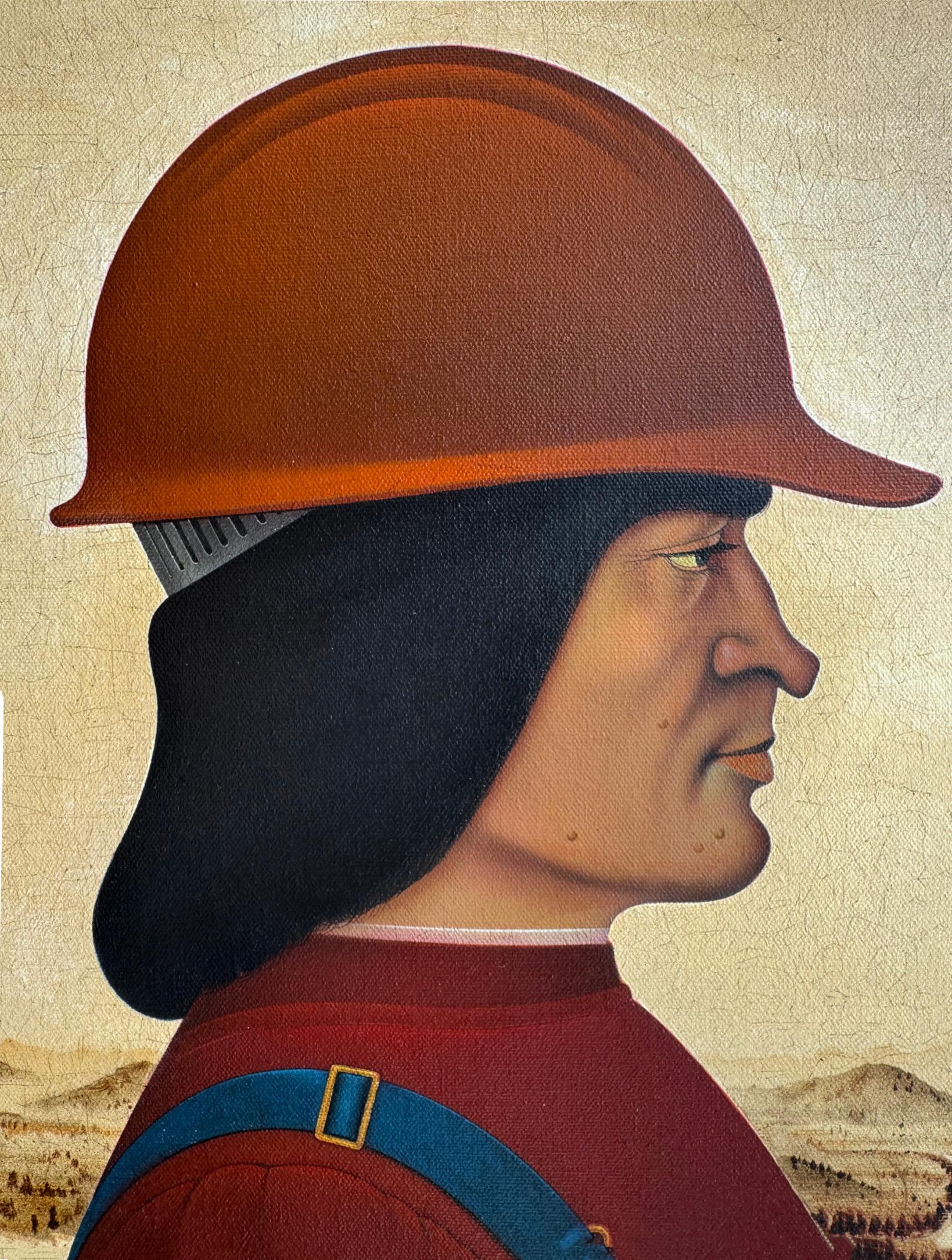 Parody Portrait:  Piero della Francesca Italian Renaissance Hispanic Illustrator - Beige Portrait Painting by Ignacio Gomez