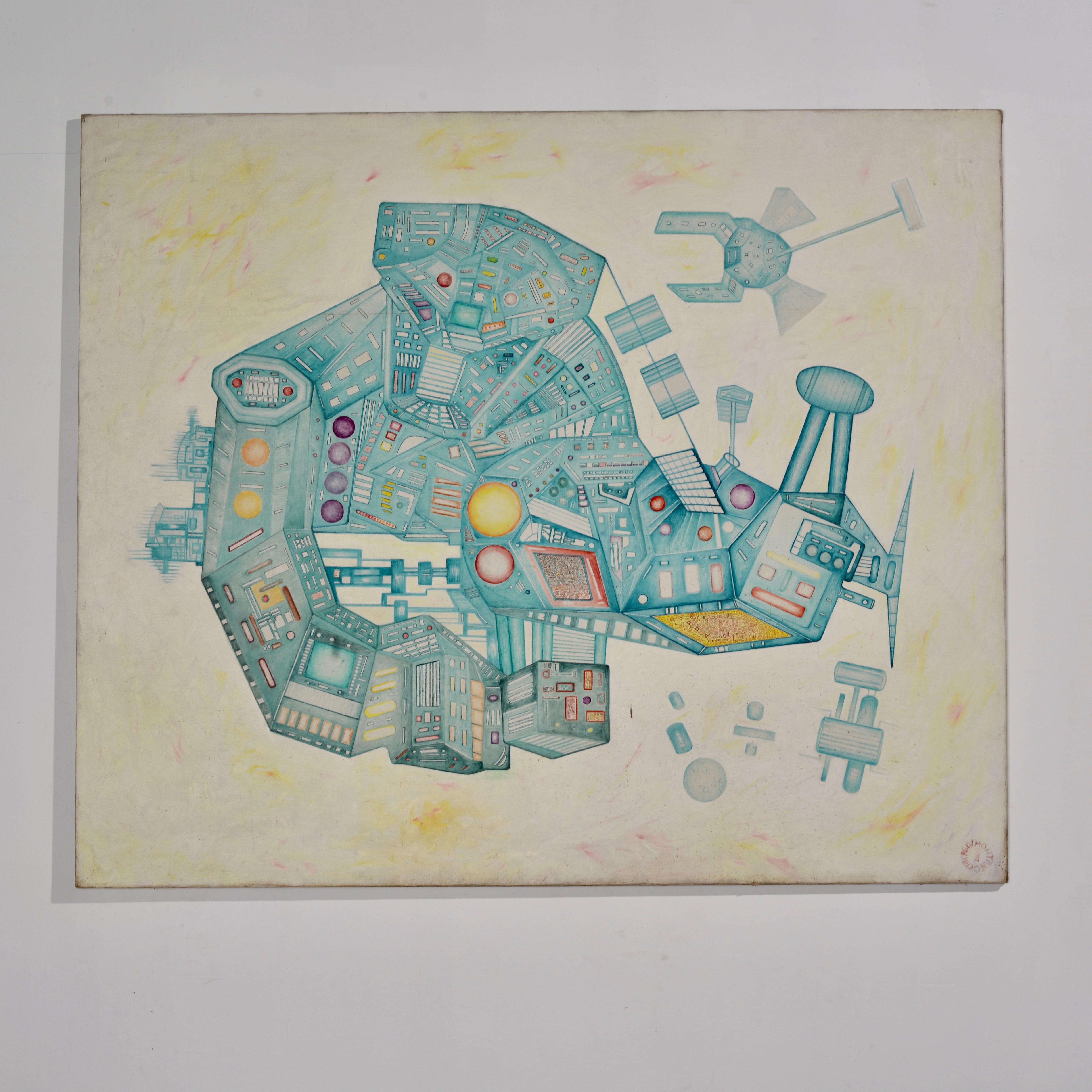 Peinture originale à l'acrylique sur toile d'Ignacio Montano dans son style caractéristique de futurisme spatial. Cette pièce est signée avec une déclaration de l'artiste au dos de la toile. Il a vraisemblablement été créé entre 1970 et 1985.