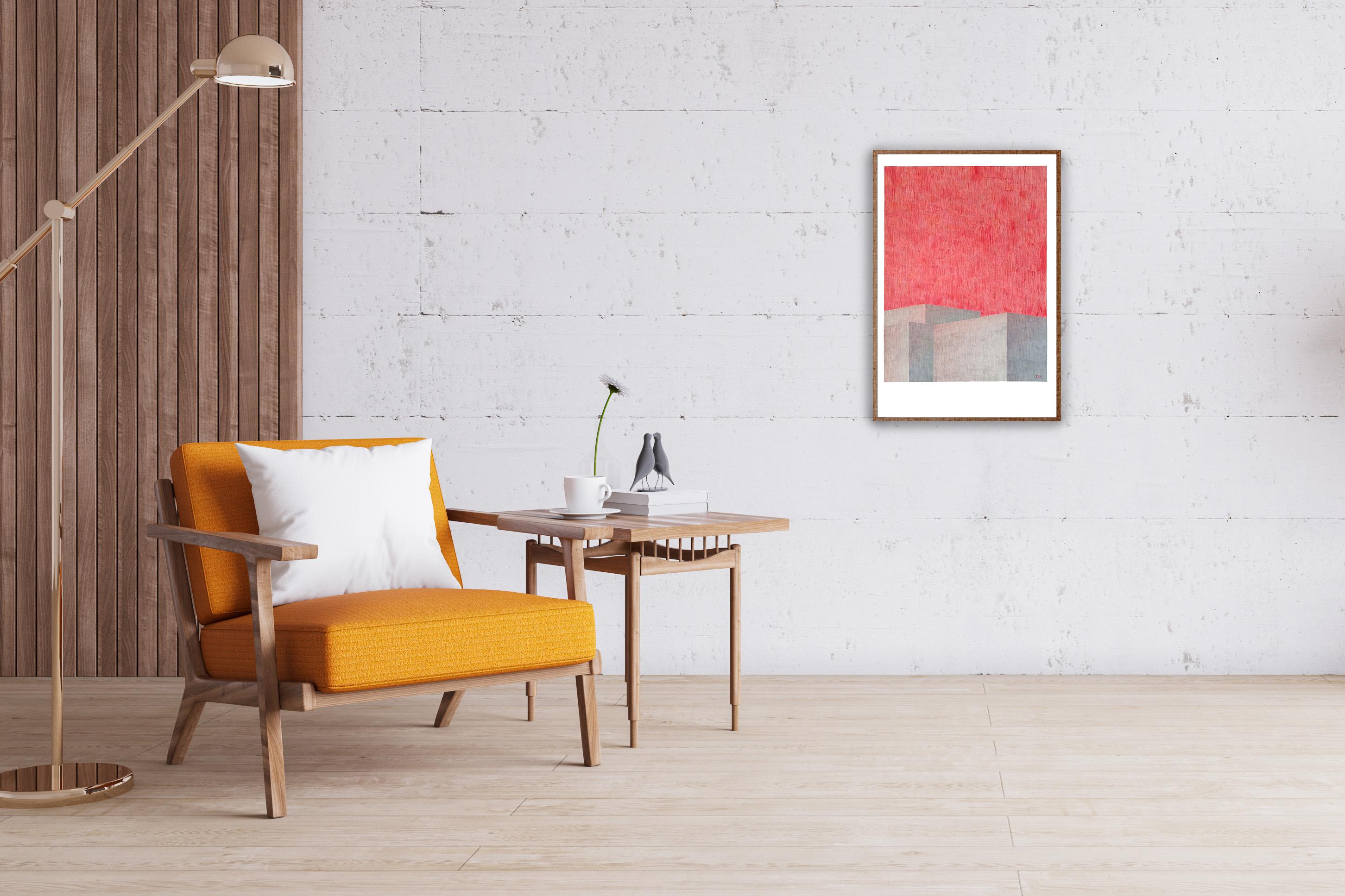 Pintura de Arquitectura Brutalista de Edificio Industrial, Cielo Rosa Flamingo, Papel en venta 1