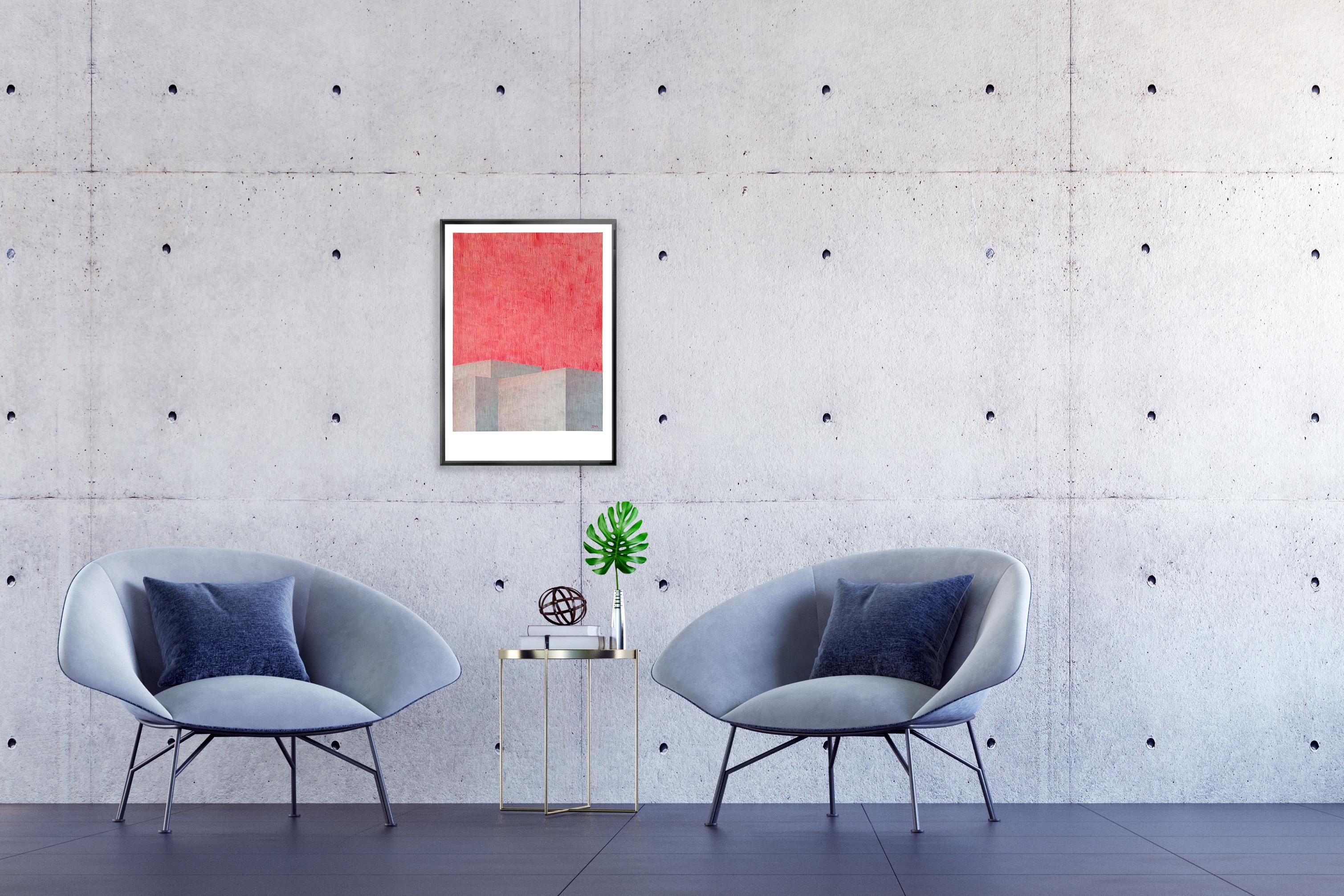 Pintura de Arquitectura Brutalista de Edificio Industrial, Cielo Rosa Flamingo, Papel en venta 2