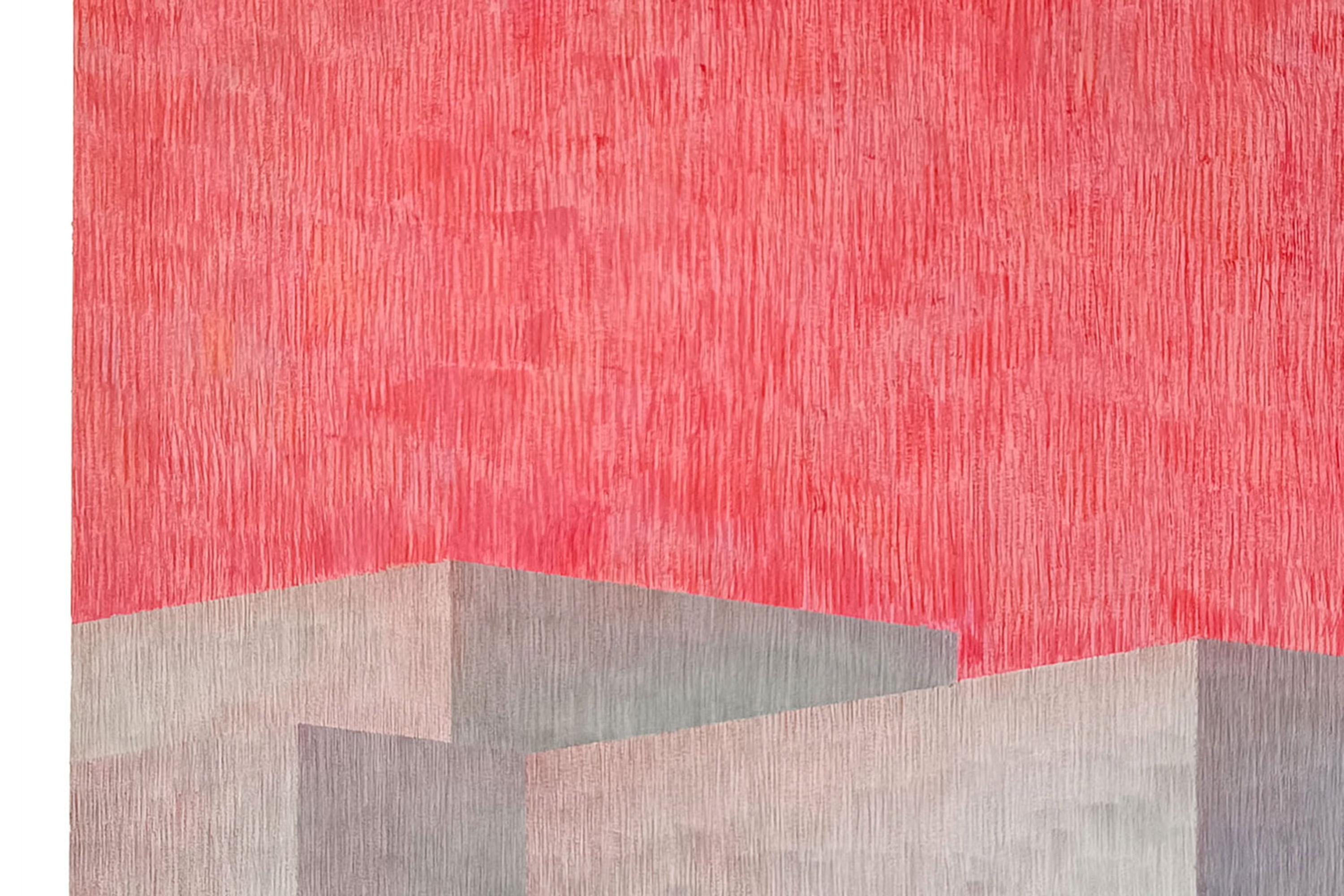 Pintura de Arquitectura Brutalista de Edificio Industrial, Cielo Rosa Flamingo, Papel en venta 3