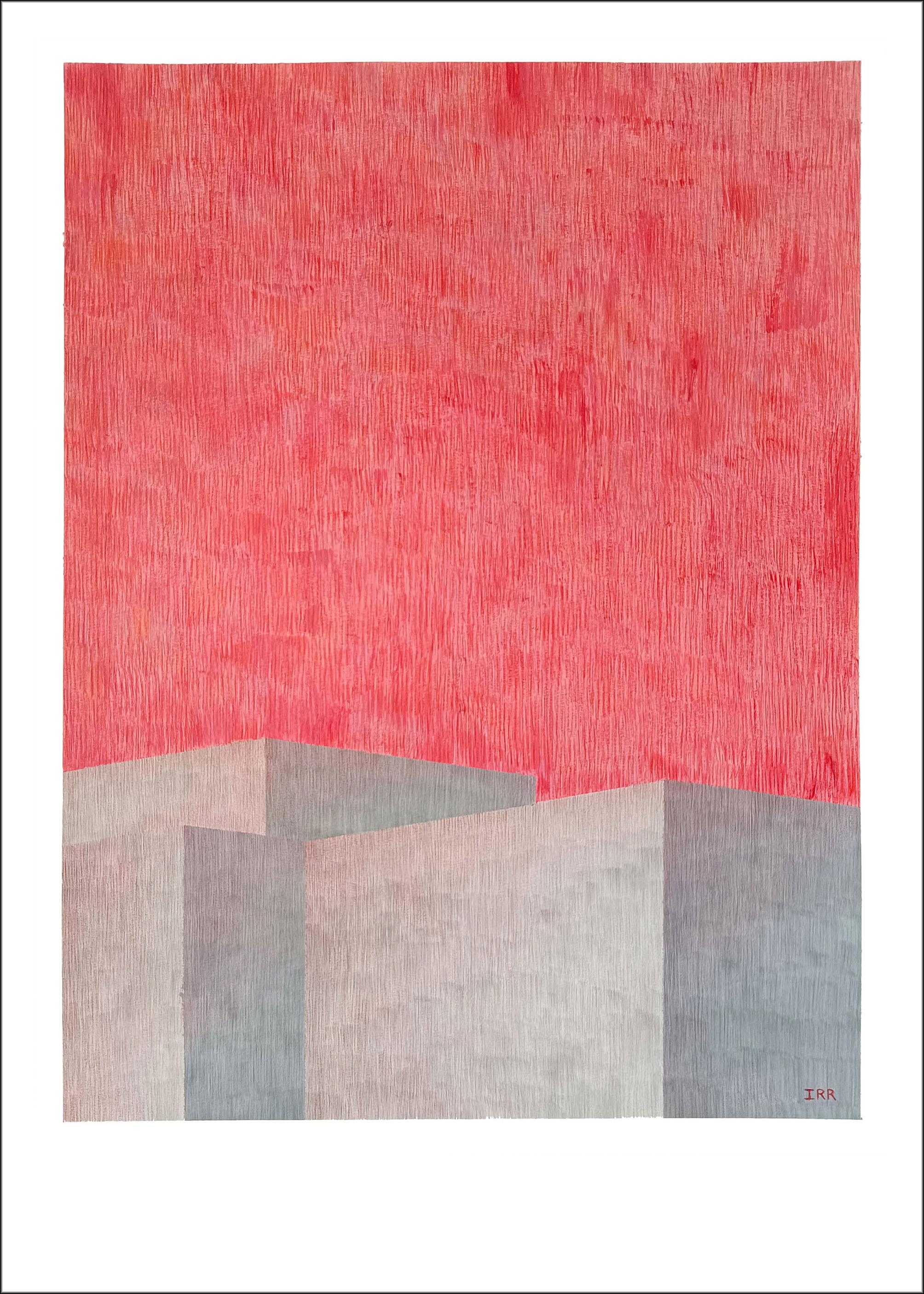 Pintura de Arquitectura Brutalista de Edificio Industrial, Cielo Rosa Flamingo, Papel