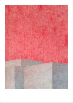 Pittura di architettura brutalista di un edificio industriale, cielo rosa fiammingo, carta