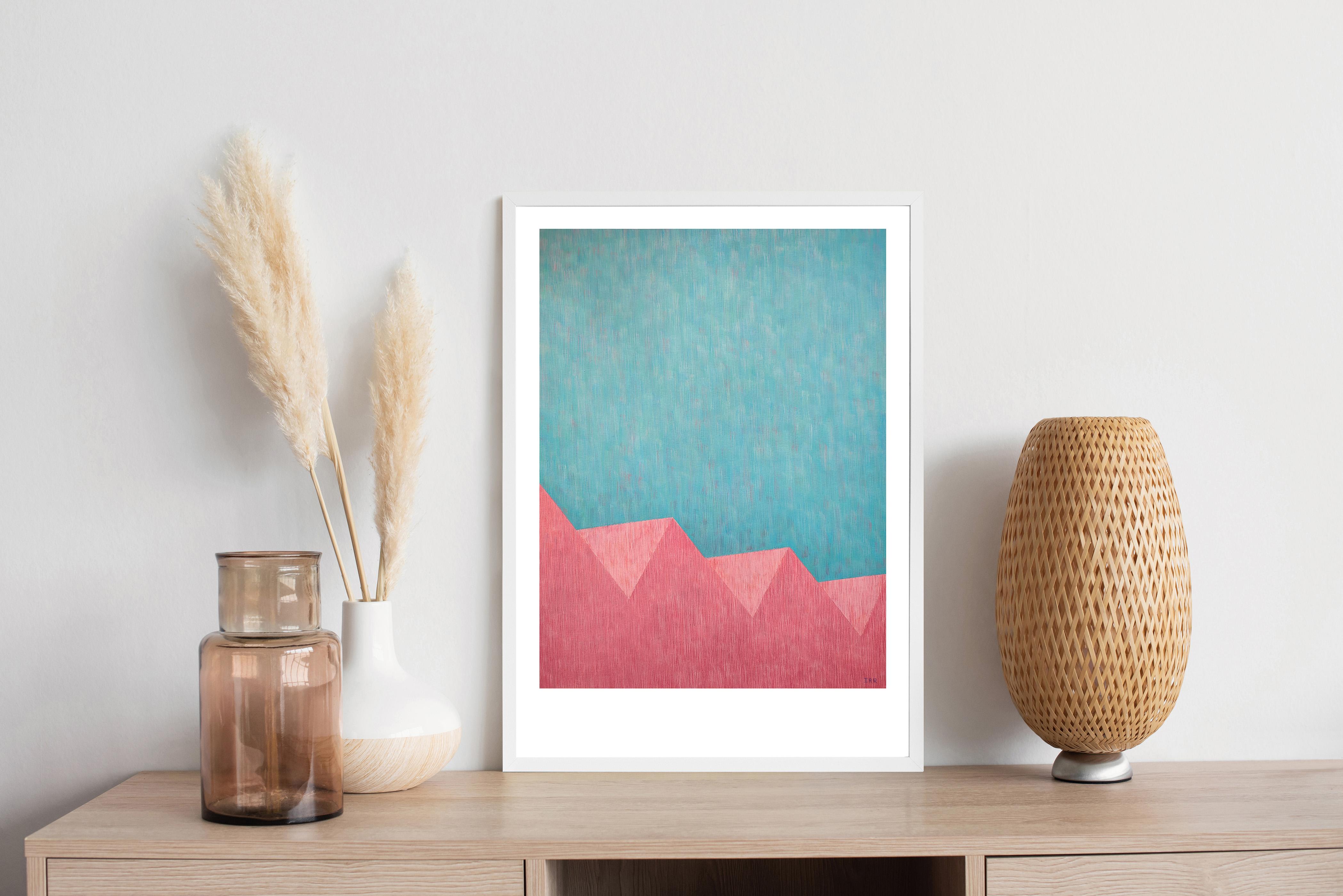 Architecture minimaliste, peinture de paysage en rose et turquoise, industrielle - Painting de Ignacio Reina