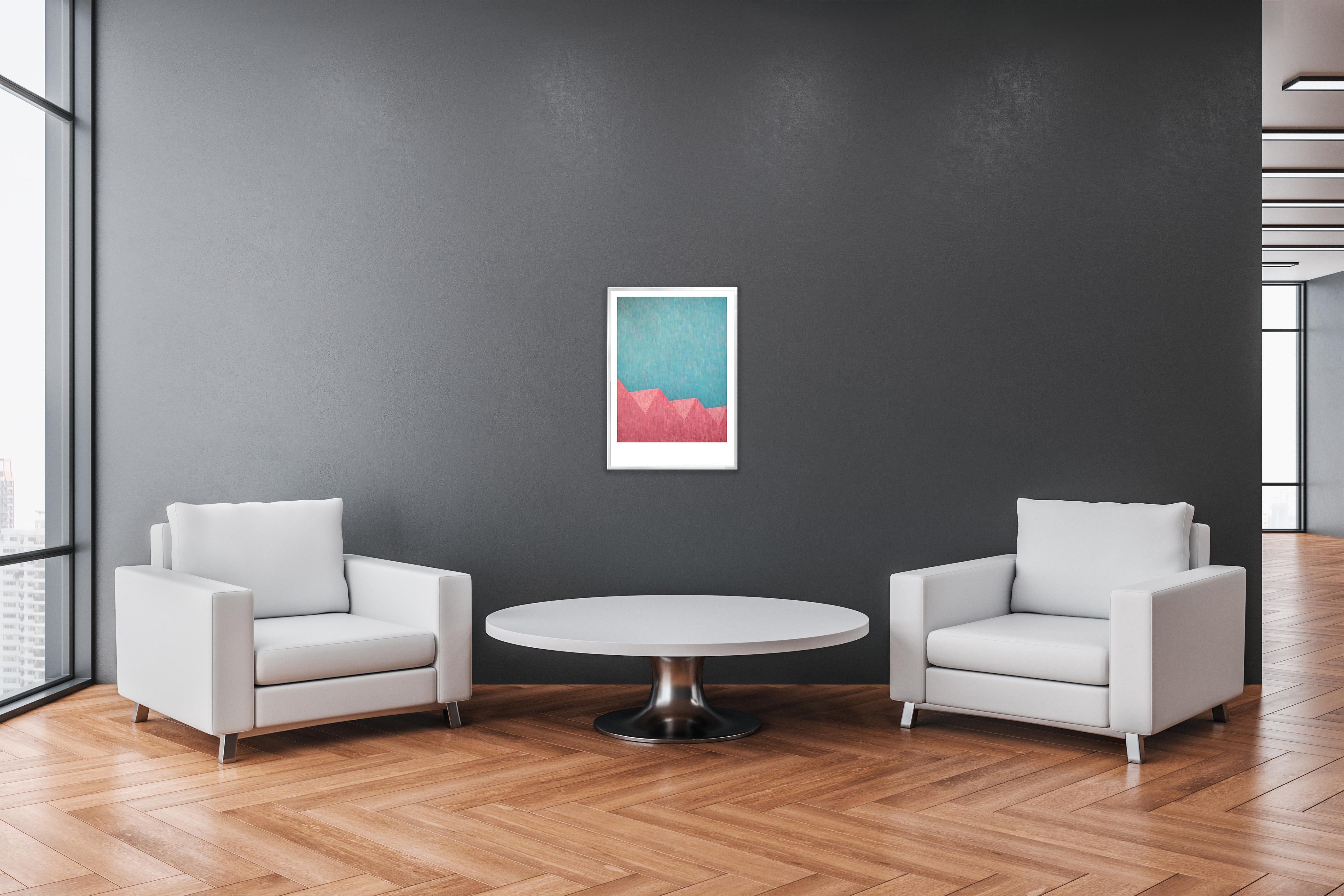 Architecture minimaliste, peinture de paysage en rose et turquoise, industrielle - Gris Figurative Painting par Ignacio Reina