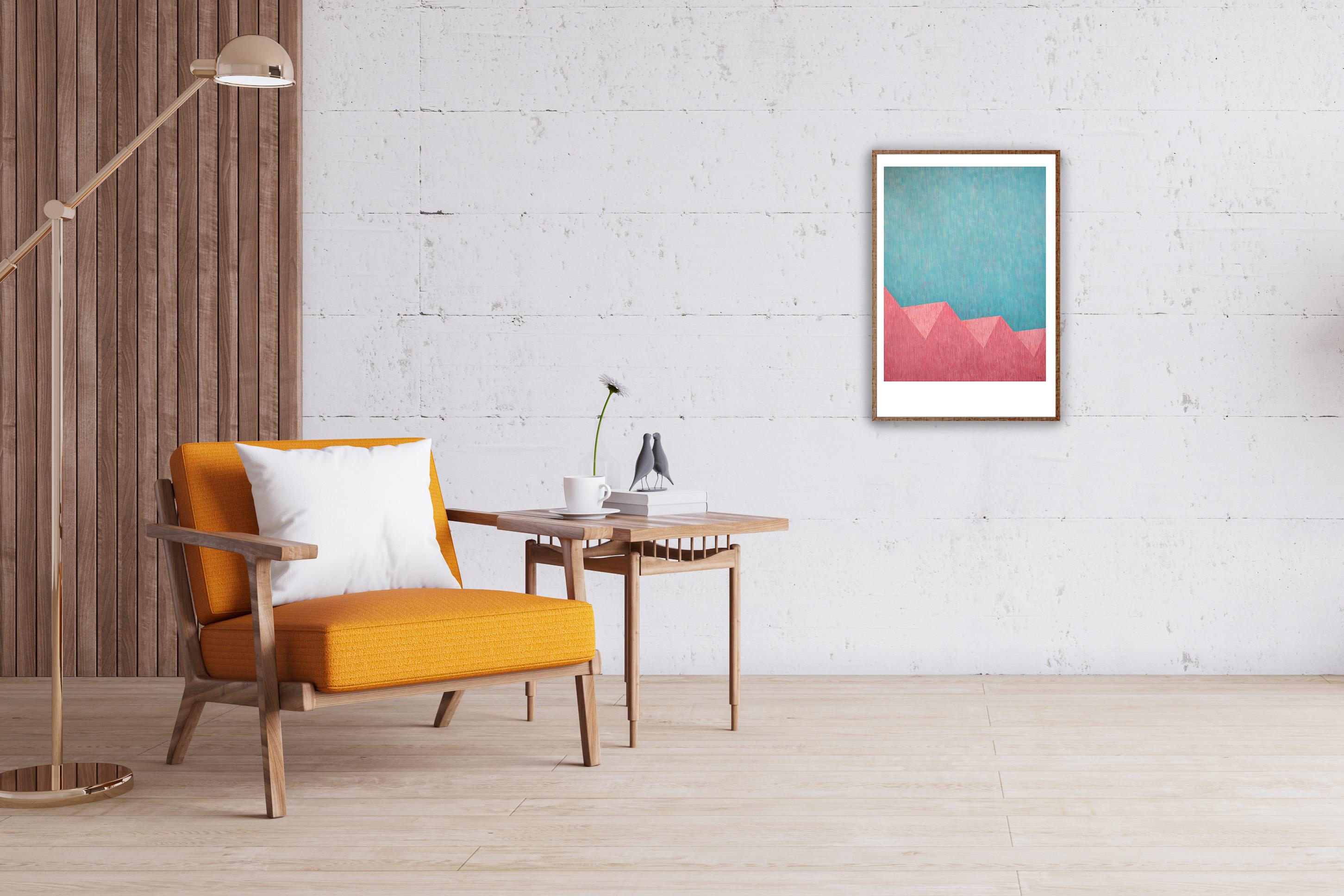 Architecture minimaliste, peinture de paysage en rose et turquoise, industrielle en vente 1