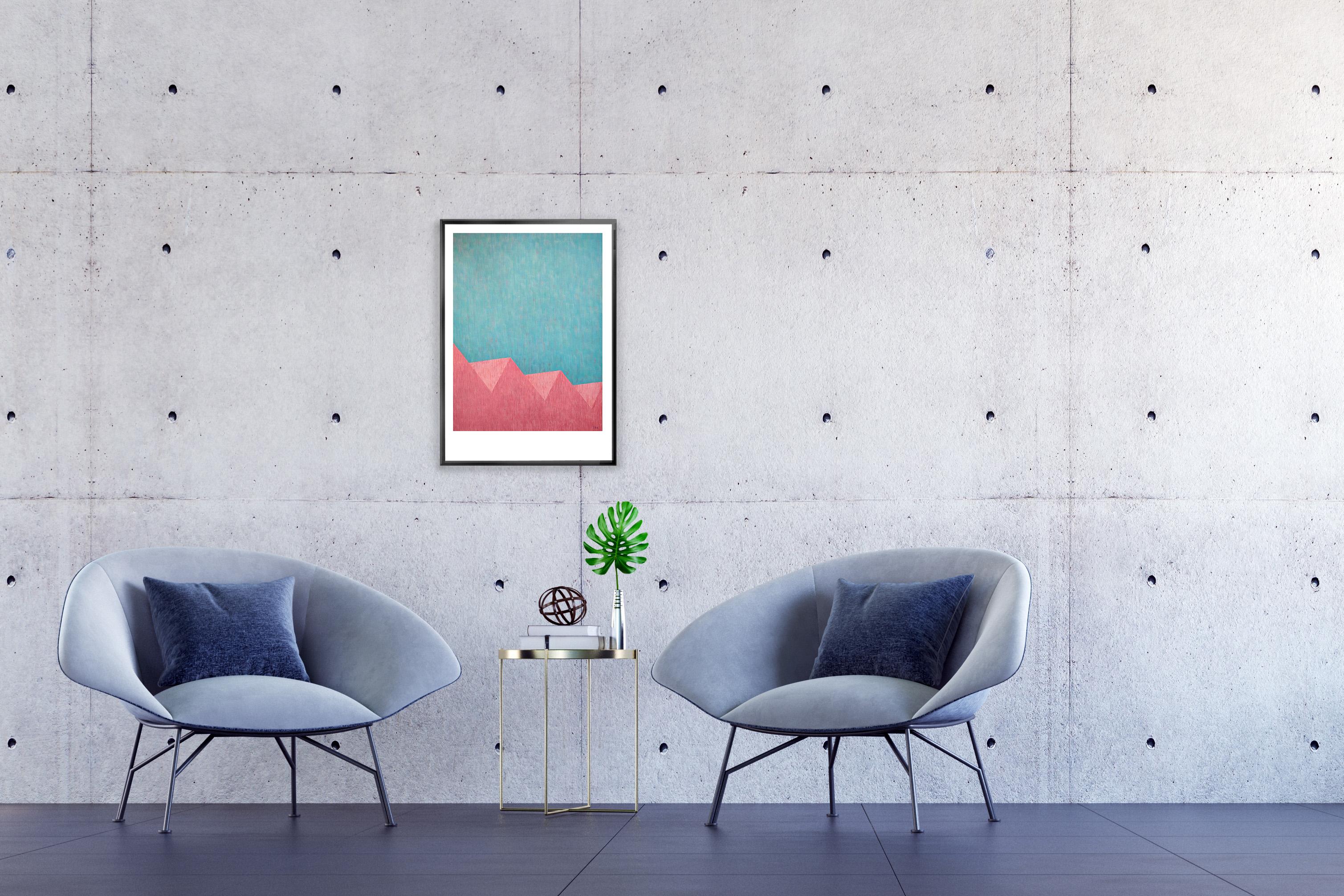 Architecture minimaliste, peinture de paysage en rose et turquoise, industrielle en vente 2
