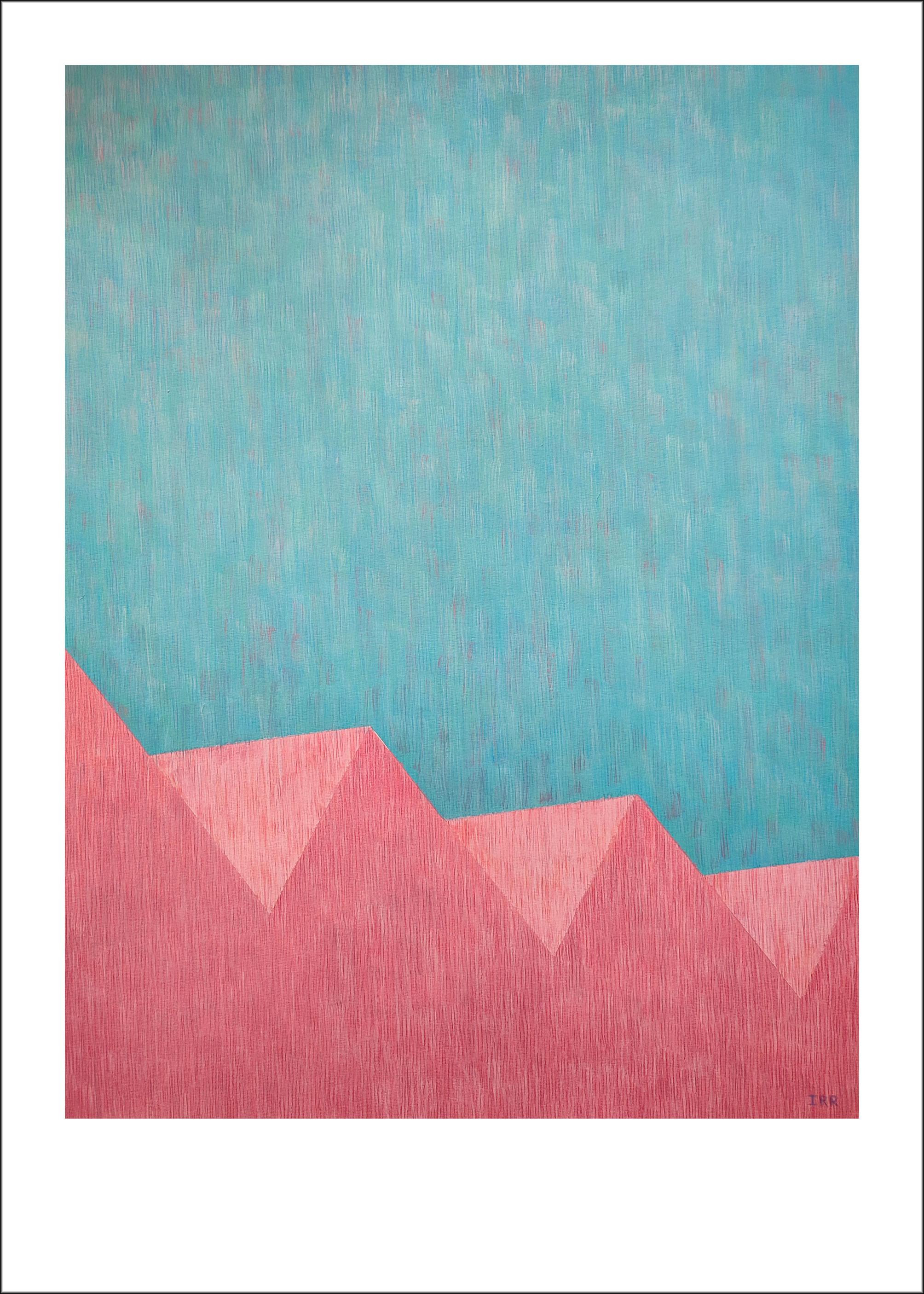 Architecture minimaliste, peinture de paysage en rose et turquoise, industrielle